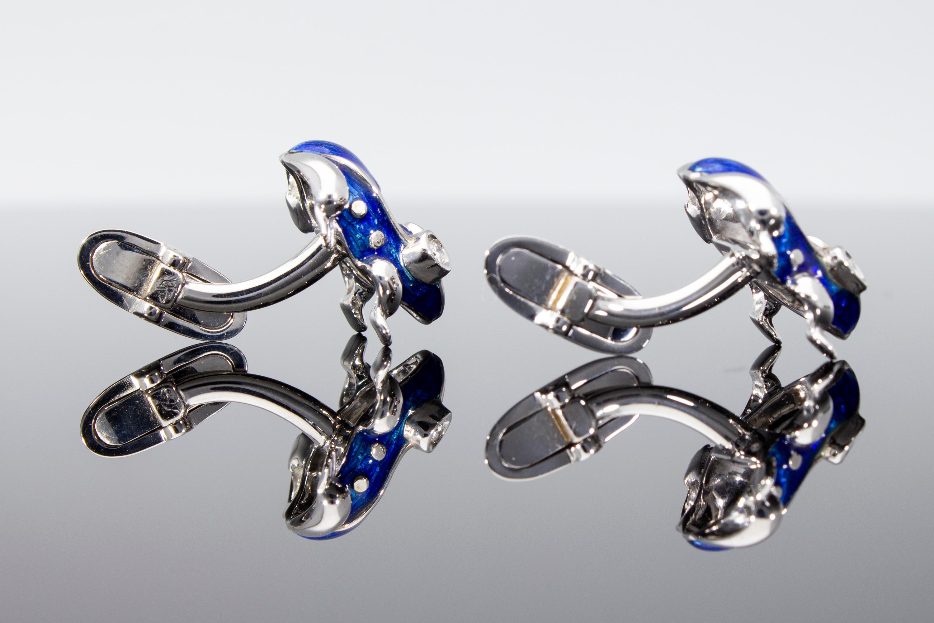 18 Kt White Gold with Blu Enamel Diamonds Frog Cufflinks Handcraft Made in Italy For Sale 14