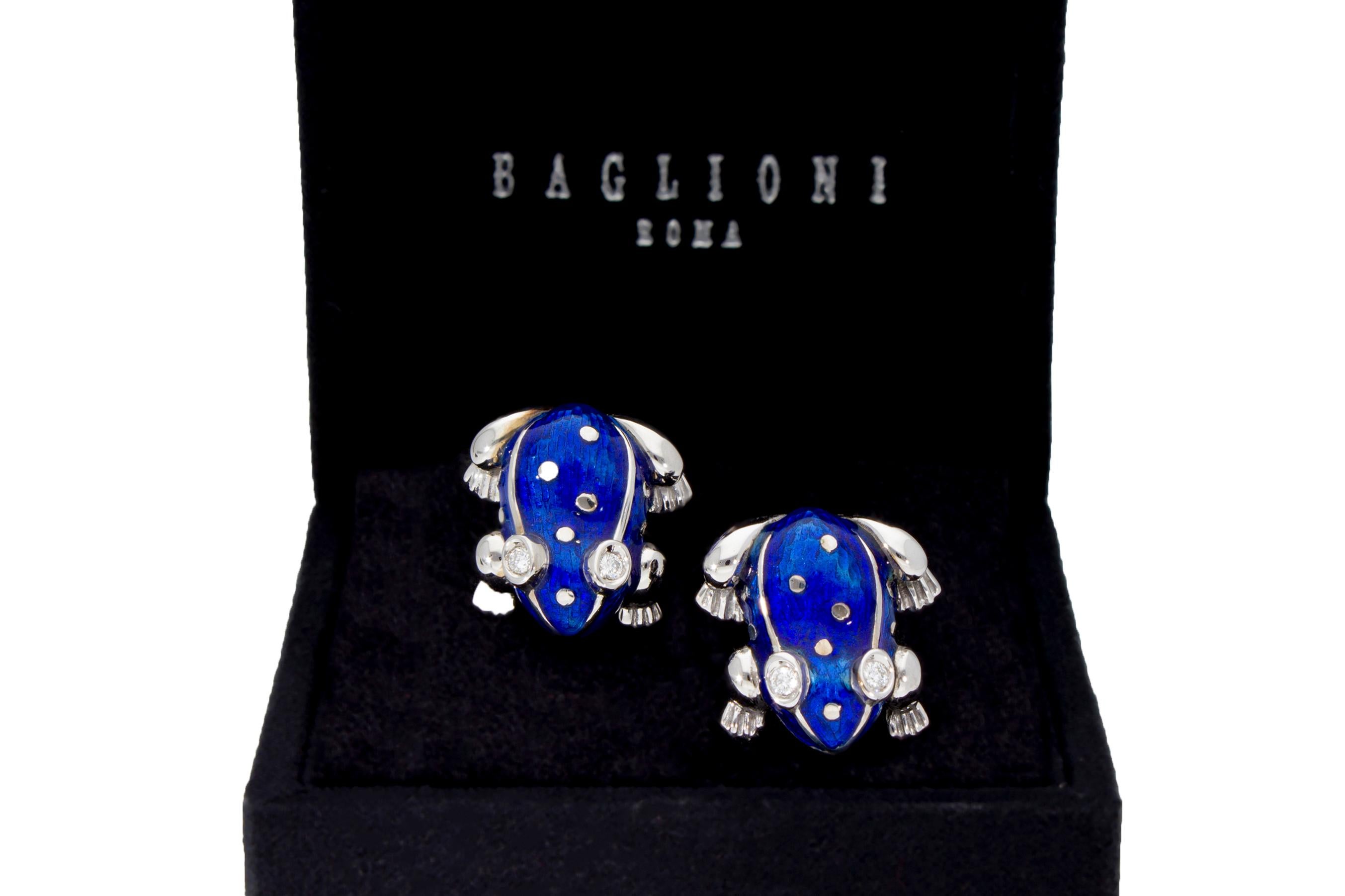 Retro 18 Kt White Gold with Blu Enamel Diamonds Frog Cufflinks Handcraft Made in Italy For Sale