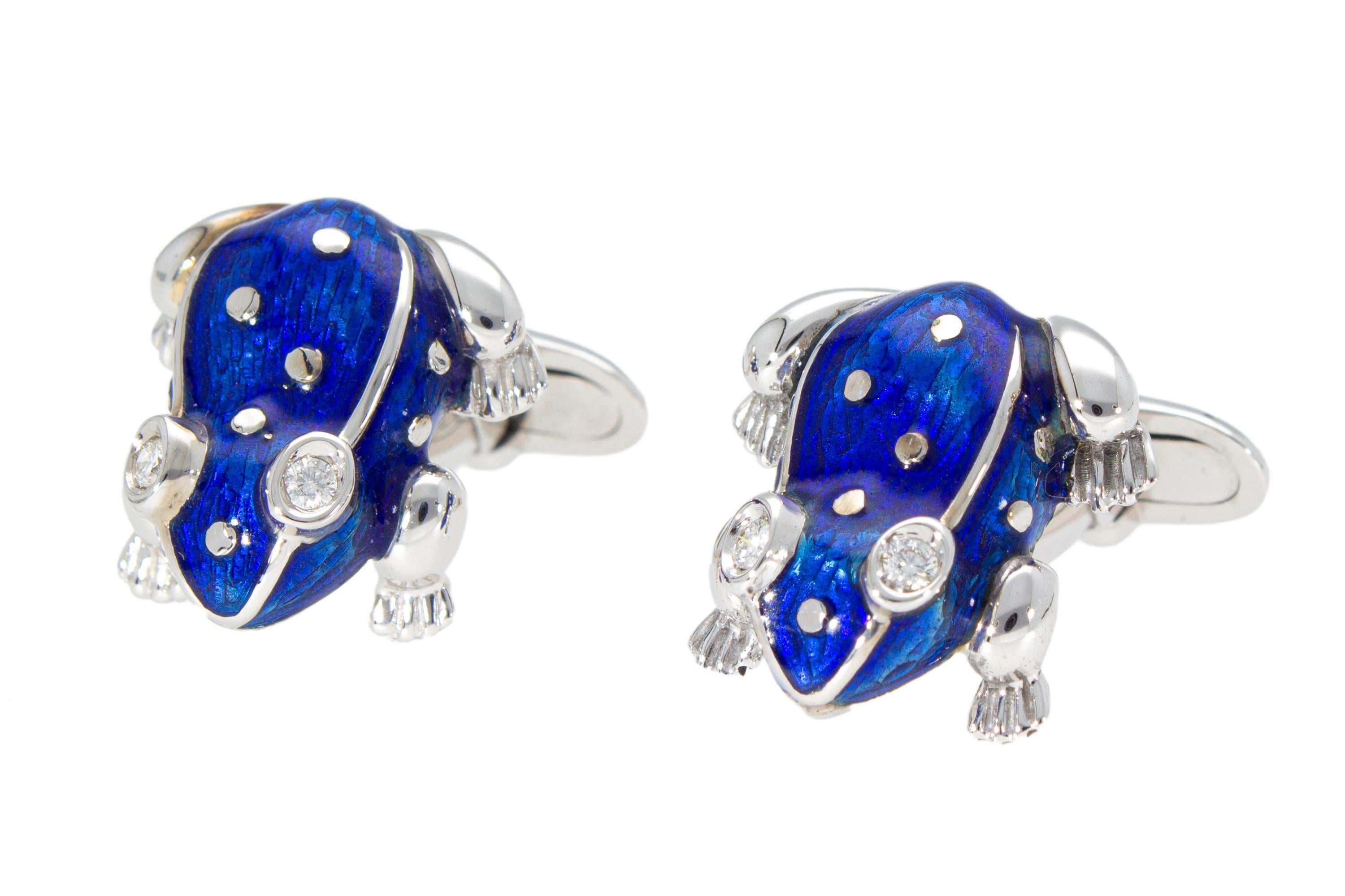 Women's or Men's 18 Kt White Gold with Blu Enamel Diamonds Frog Cufflinks Handcraft Made in Italy For Sale