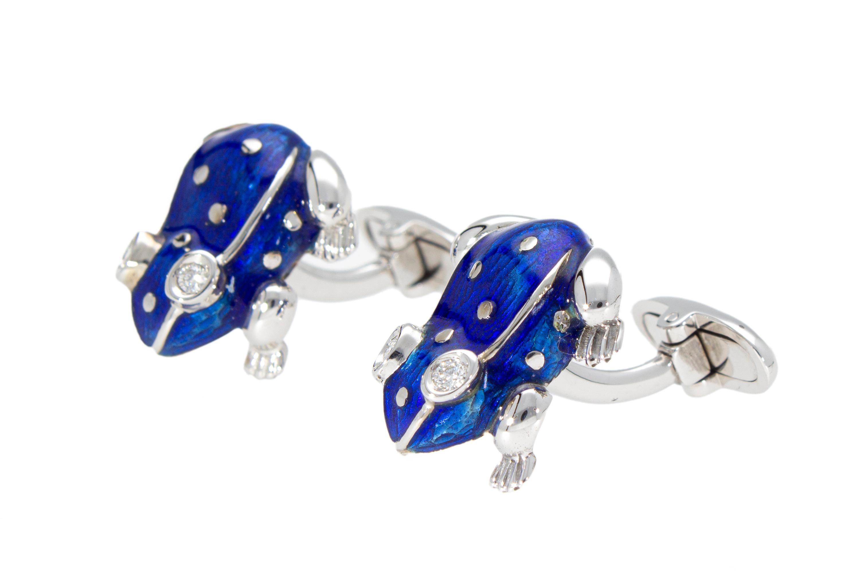 18 Kt White Gold with Blu Enamel Diamonds Frog Cufflinks Handcraft Made in Italy For Sale 1