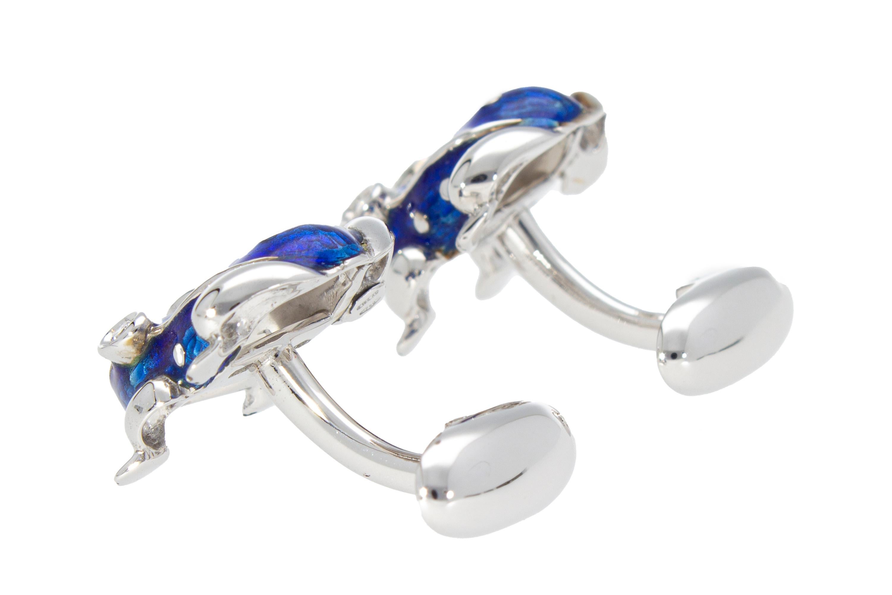 Boutons de manchette grenouille en or blanc 18 carats avec émail bleu et diamants, fabriqués à la main en Italie en vente 3
