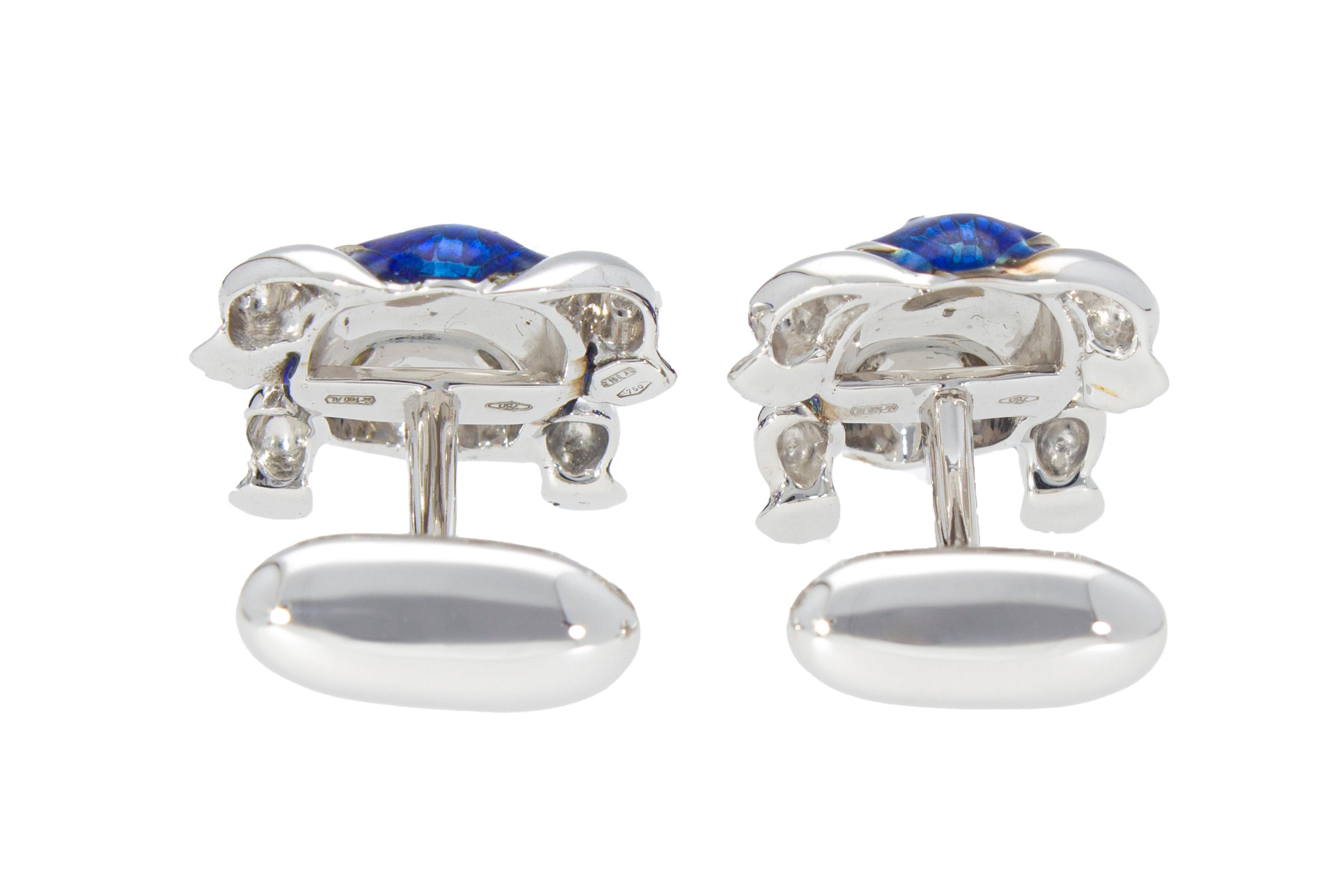 18 Kt White Gold with Blu Enamel Diamonds Frog Cufflinks Handcraft Made in Italy For Sale 4