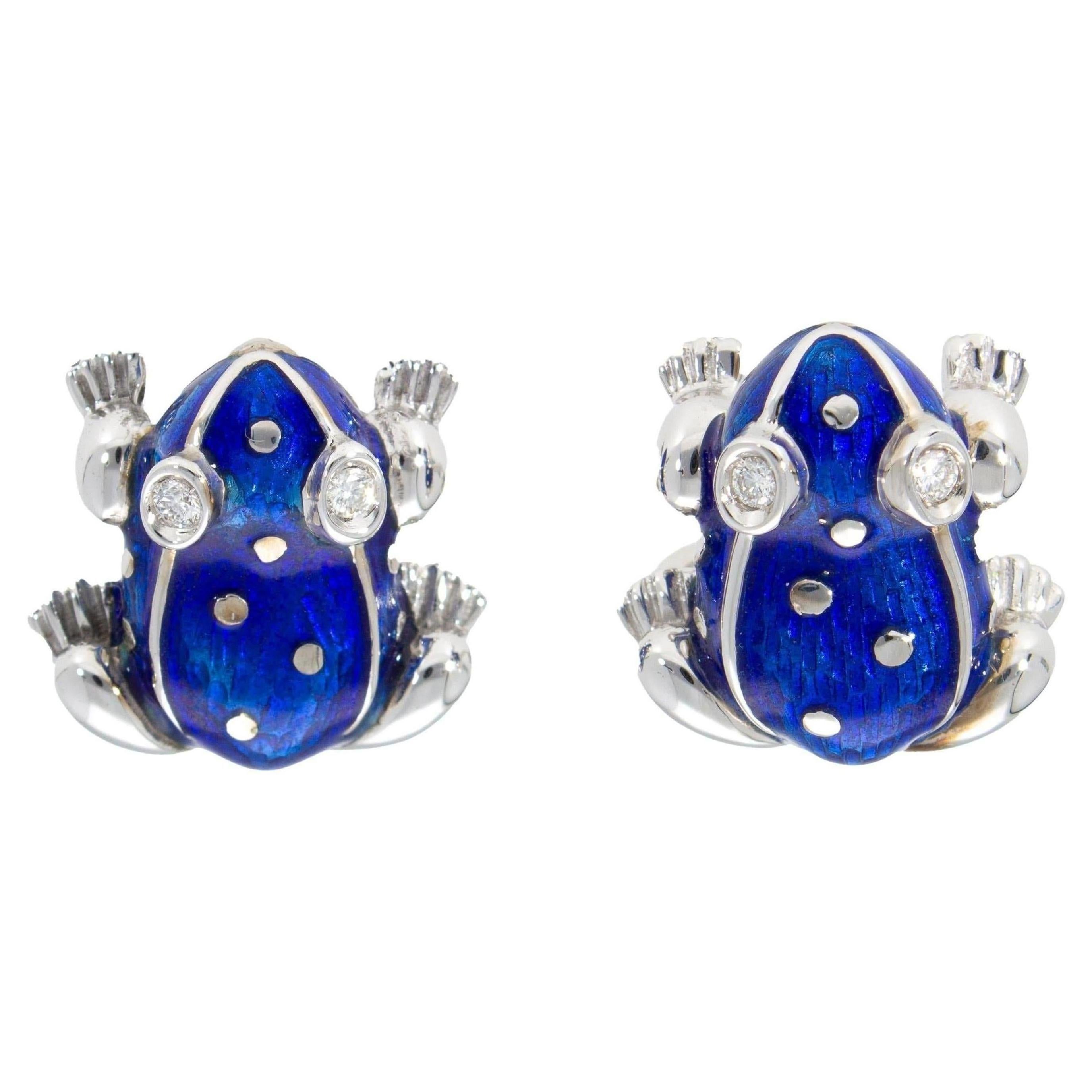 Boutons de manchette grenouille en or blanc 18 carats avec émail bleu et diamants, fabriqués à la main en Italie