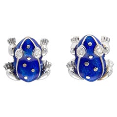 18 Kt White Gold with Blu Enamel Diamonds Frog Cufflinks Handcraft Made in Italy