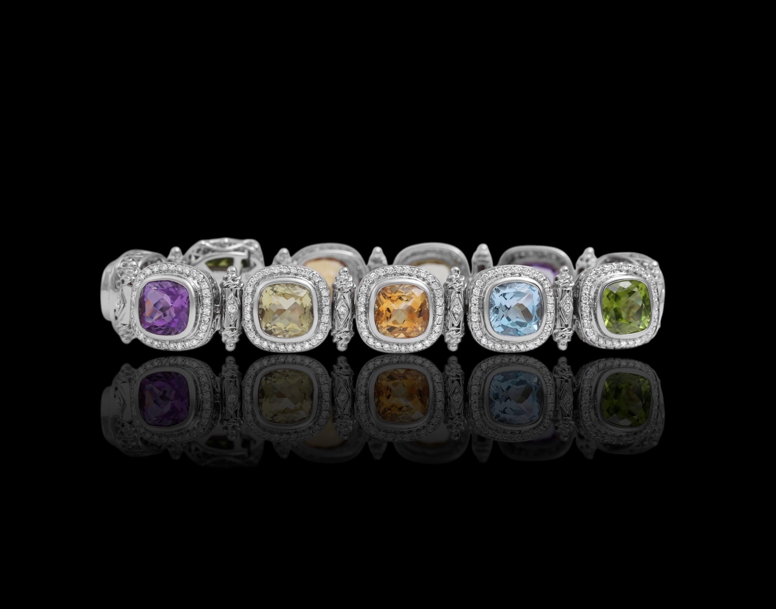 18 Kt White Gold with Natural Multi Gem Pastel Color Stones & Diamonds For Sale 7