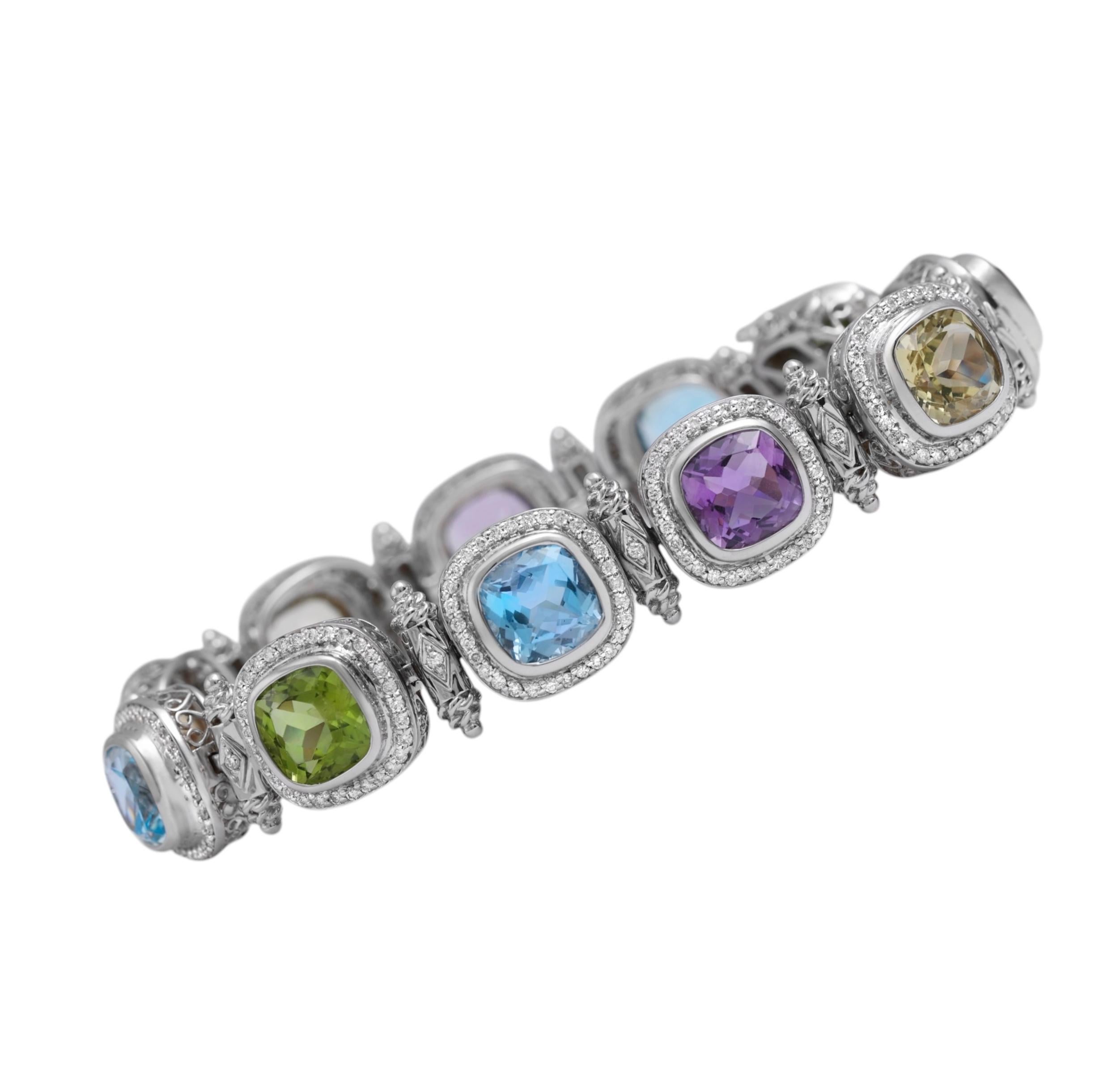 18 Kt White Gold with Natural Multi Gem Pastel Color Stones & Diamonds

Diamonds :

Multi Gem Color Stones :

Total Weight : 41.1 Gram

Length : 18 CM