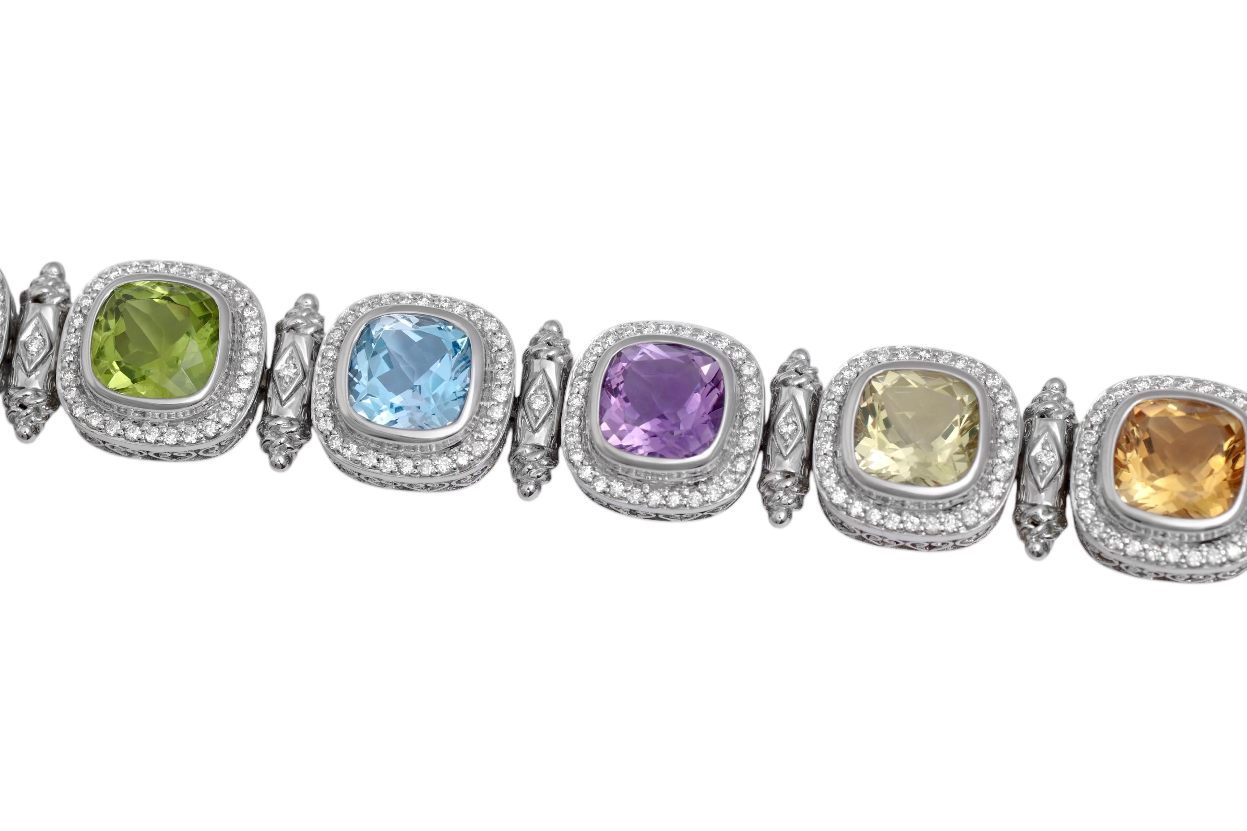 Cushion Cut 18 Kt White Gold with Natural Multi Gem Pastel Color Stones & Diamonds For Sale