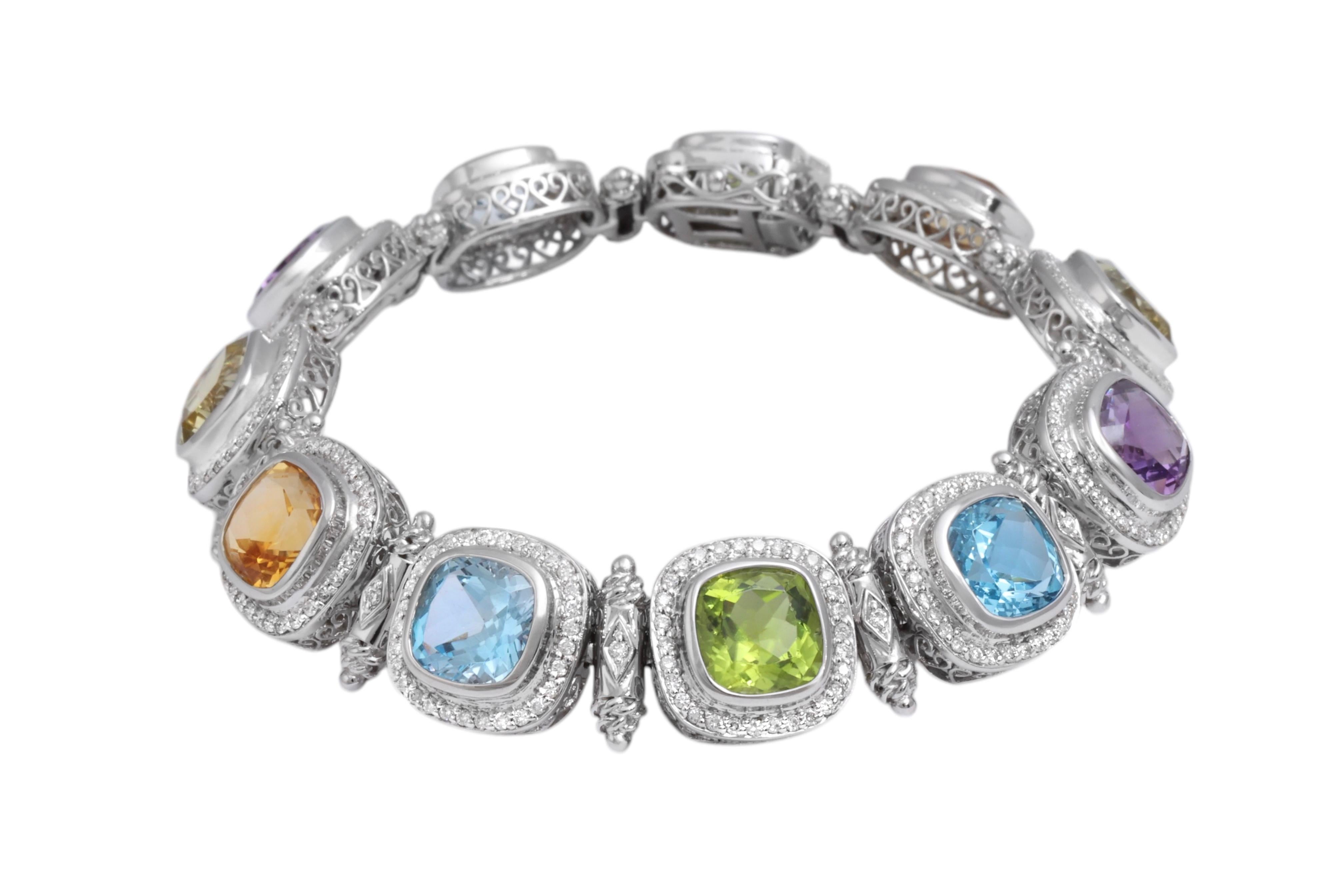 18 Kt White Gold with Natural Multi Gem Pastel Color Stones & Diamonds In New Condition For Sale In Antwerp, BE