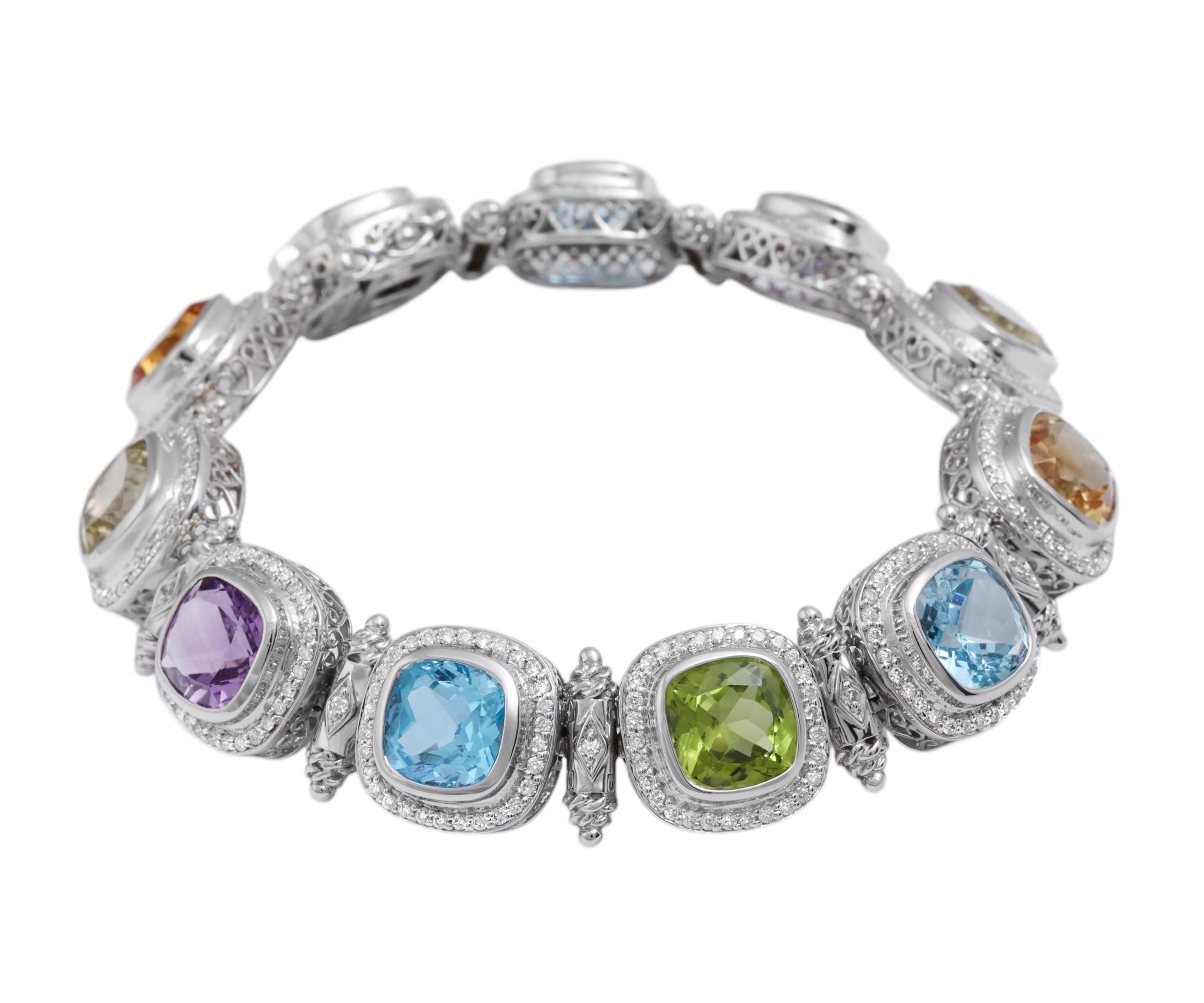 Women's or Men's 18 Kt White Gold with Natural Multi Gem Pastel Color Stones & Diamonds For Sale