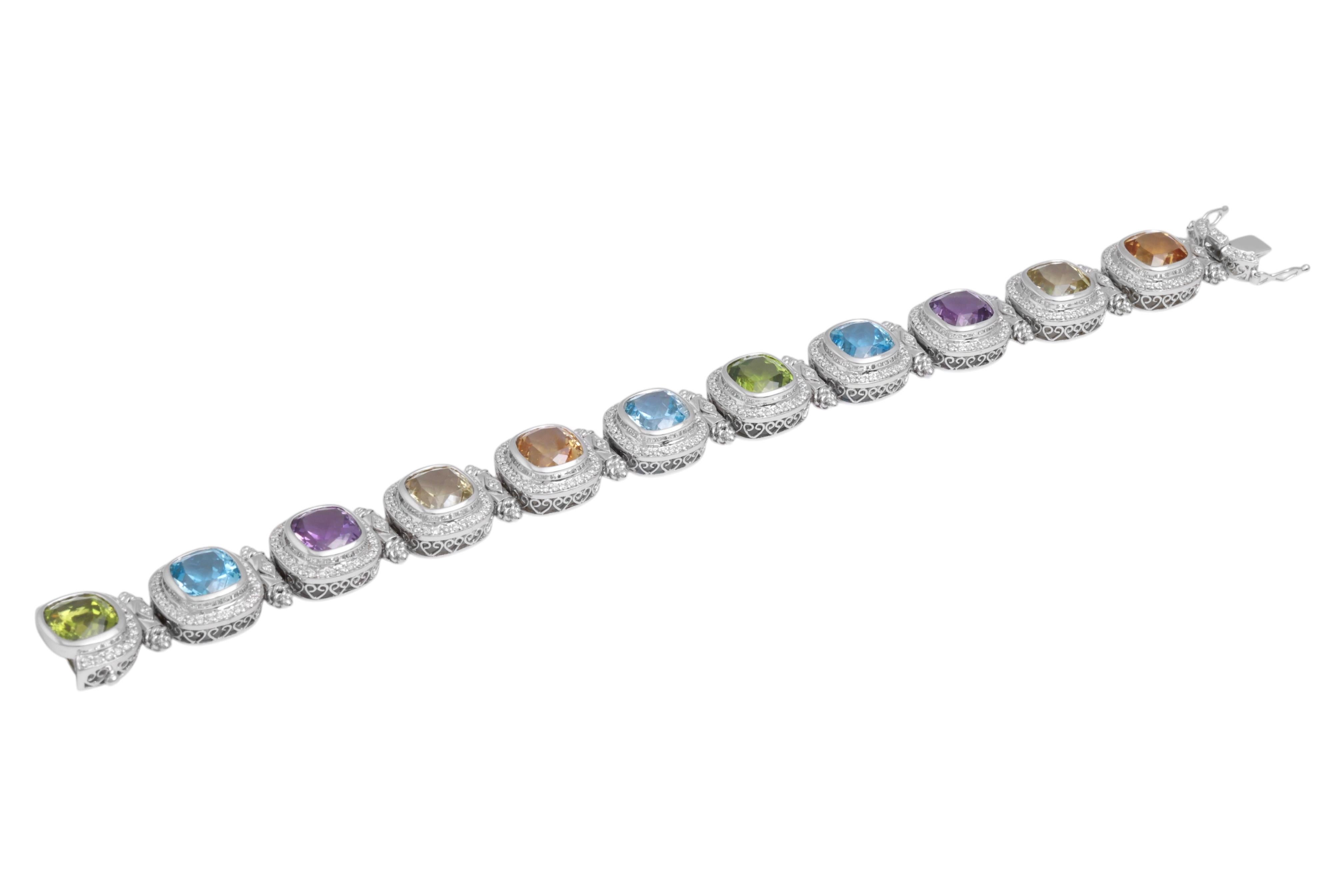 18 Kt White Gold with Natural Multi Gem Pastel Color Stones & Diamonds For Sale 1