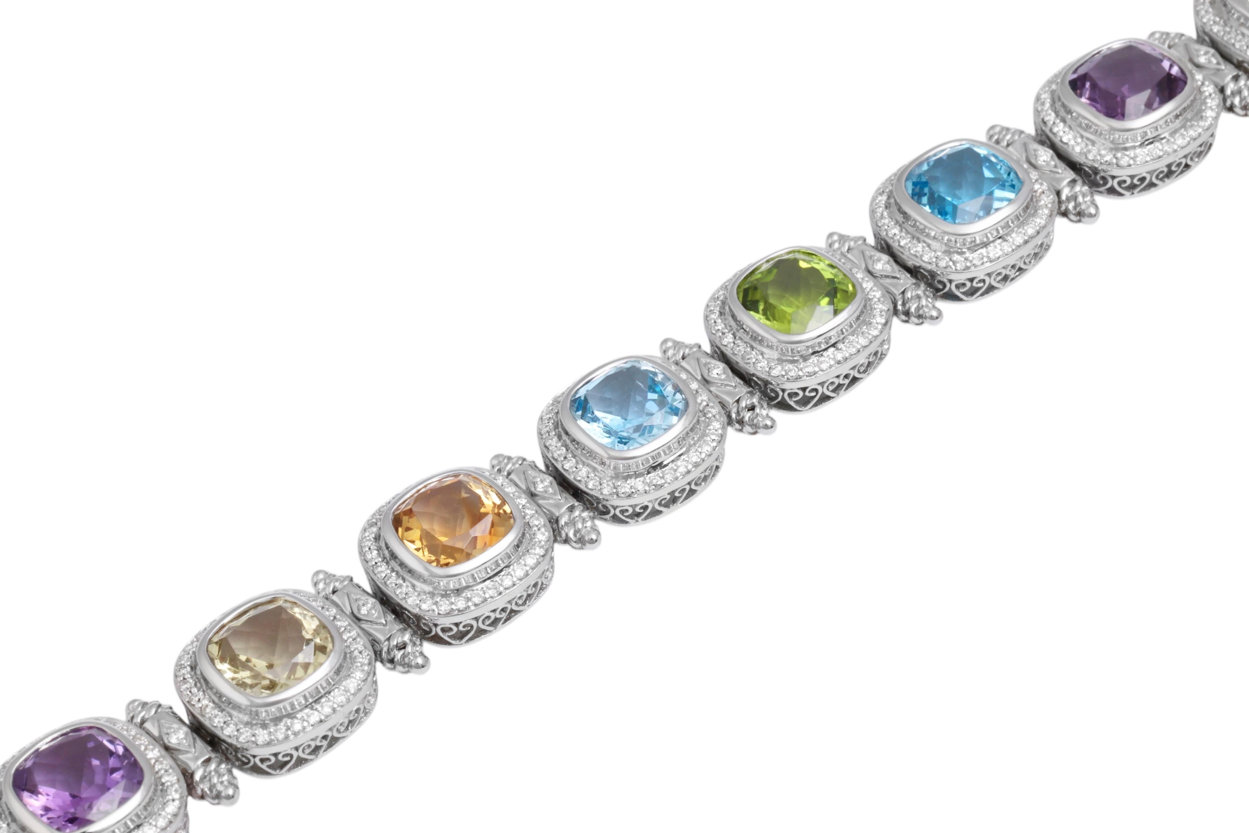 18 Kt White Gold with Natural Multi Gem Pastel Color Stones & Diamonds For Sale 2