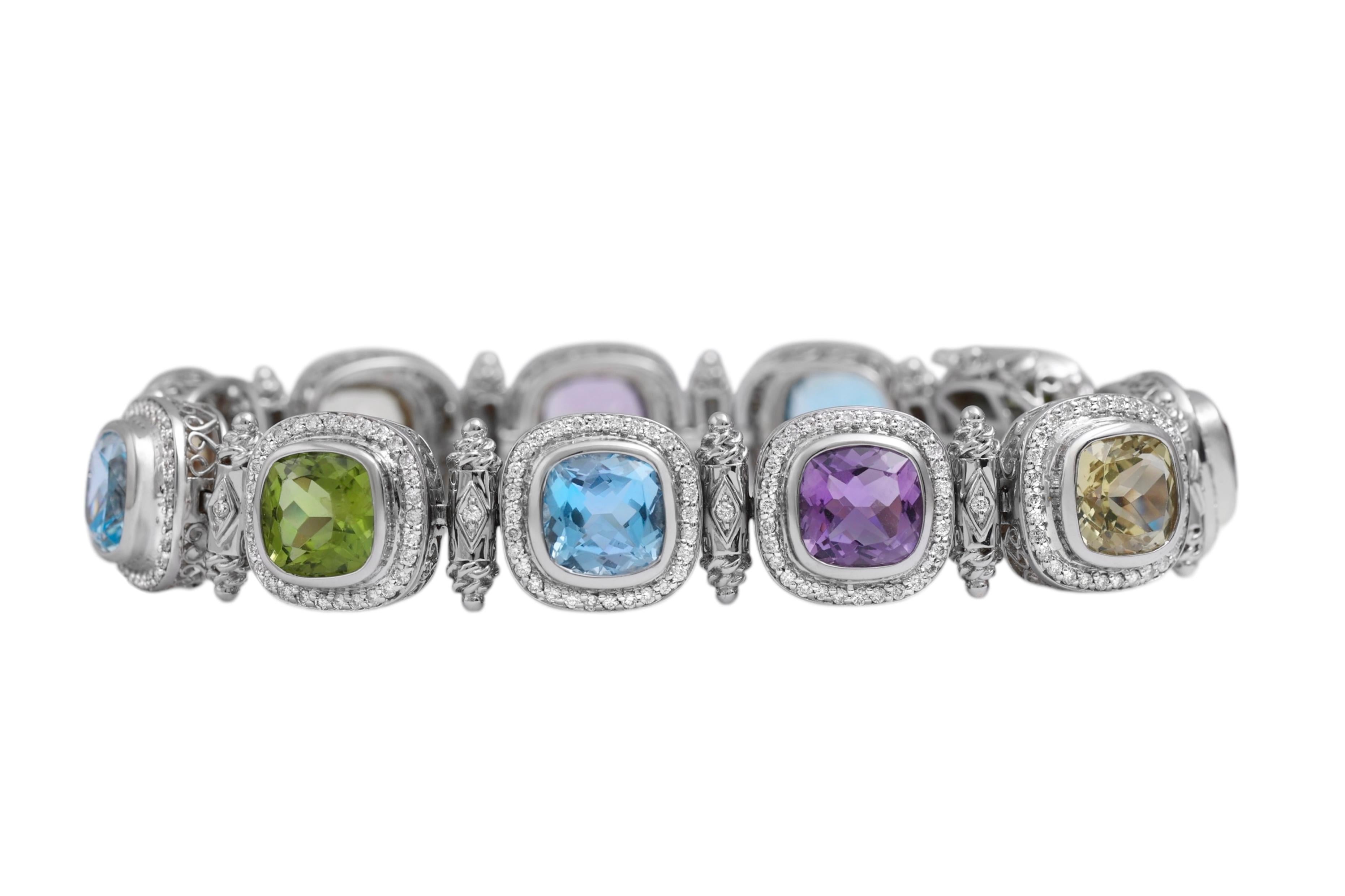 18 Kt White Gold with Natural Multi Gem Pastel Color Stones & Diamonds For Sale 3