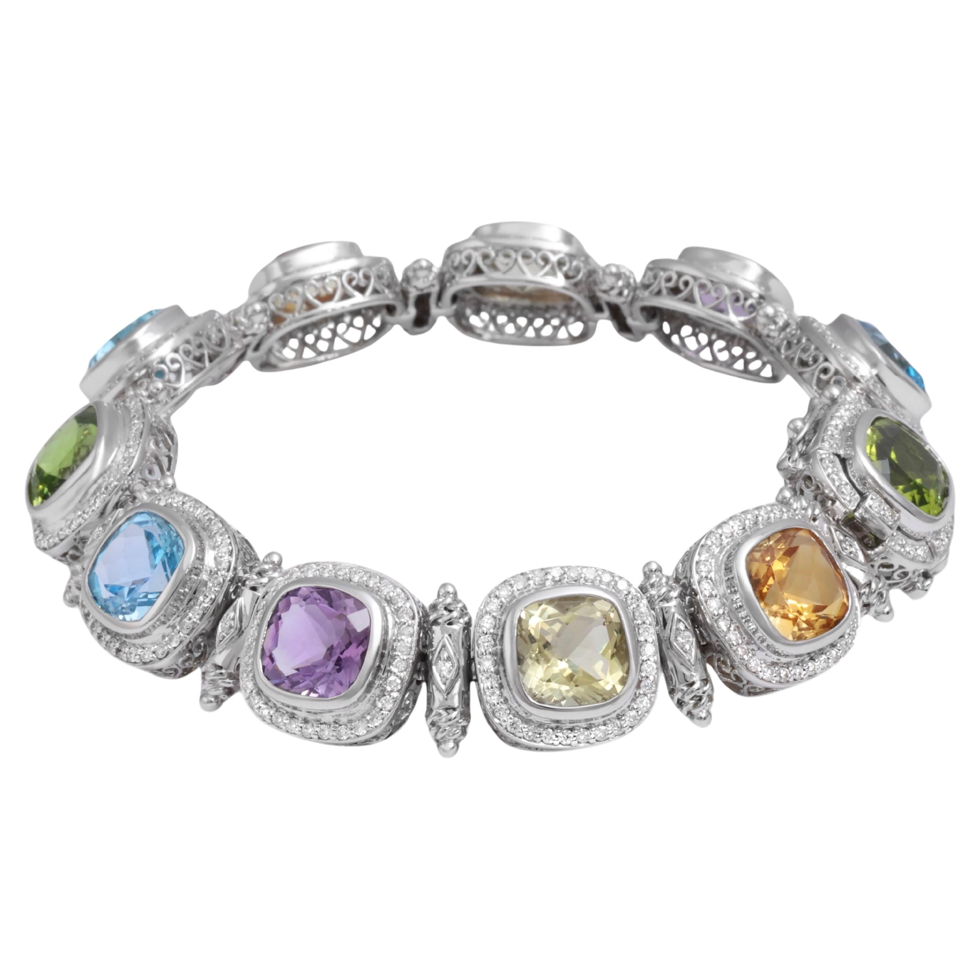 18 Kt White Gold with Natural Multi Gem Pastel Color Stones & Diamonds For Sale