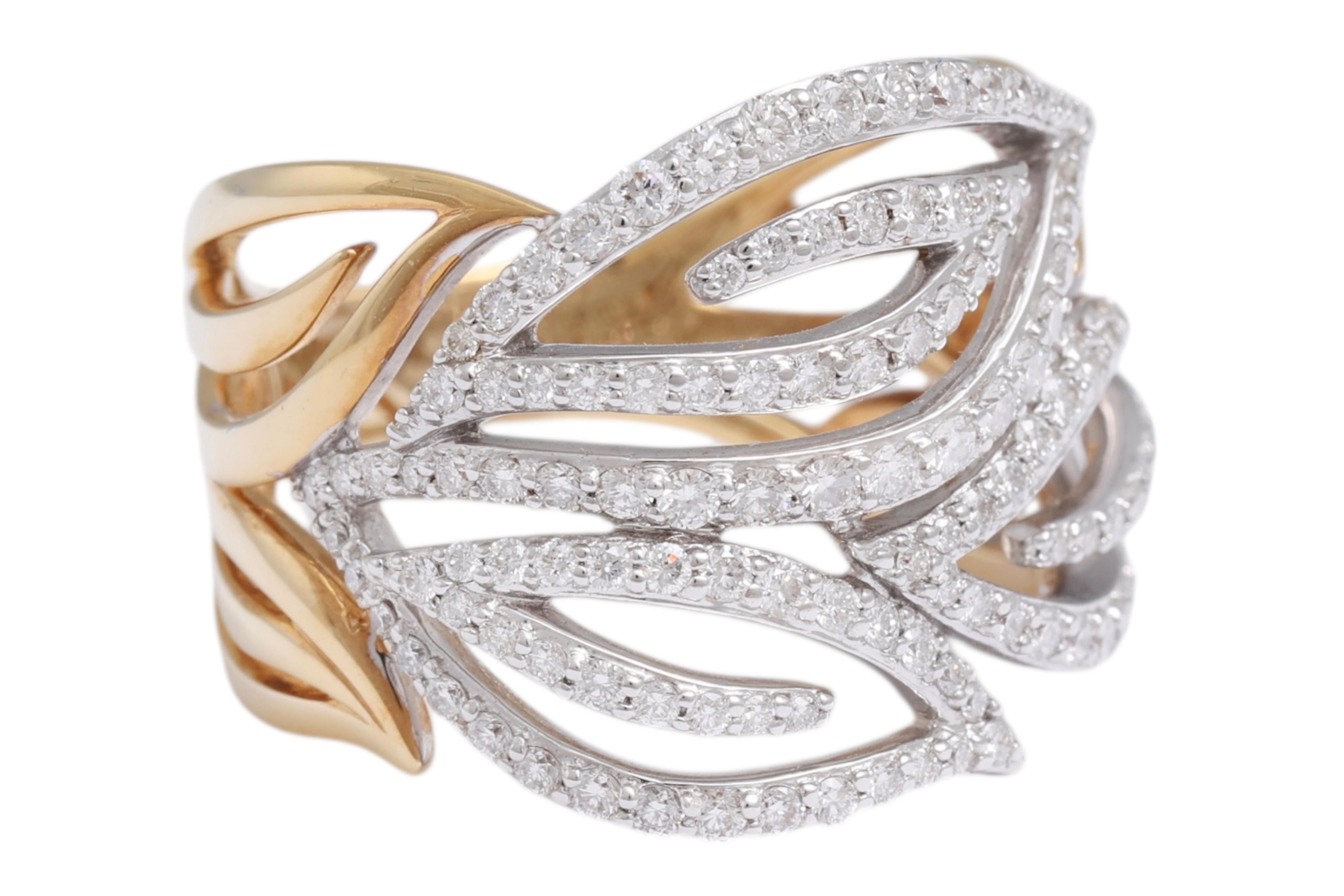 Bague en or blanc et jaune 18 Kt avec motif de feuilles et diamants Neuf - En vente à Antwerp, BE