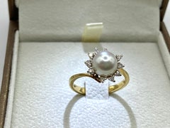 18 kt White/Yellow Gold Ring, Cultured pearl mm 8, Brilliant cut Diamonds