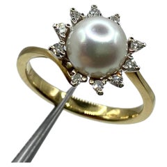18 kt White/Yellow Gold Ring, Cultured pearl mm 8, Brilliant cut Diamonds