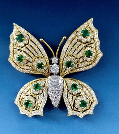 18 Karat Yellow and Platinum Emerald and Diamond "Butterfly" Broach