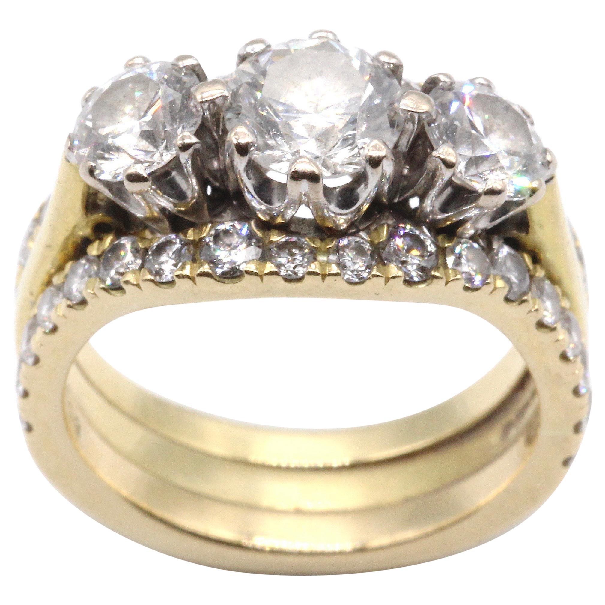 18 Kt Yellow and White Gold 2.16Ct Three-Stone Diamond and Eternity Cluster Ring For Sale