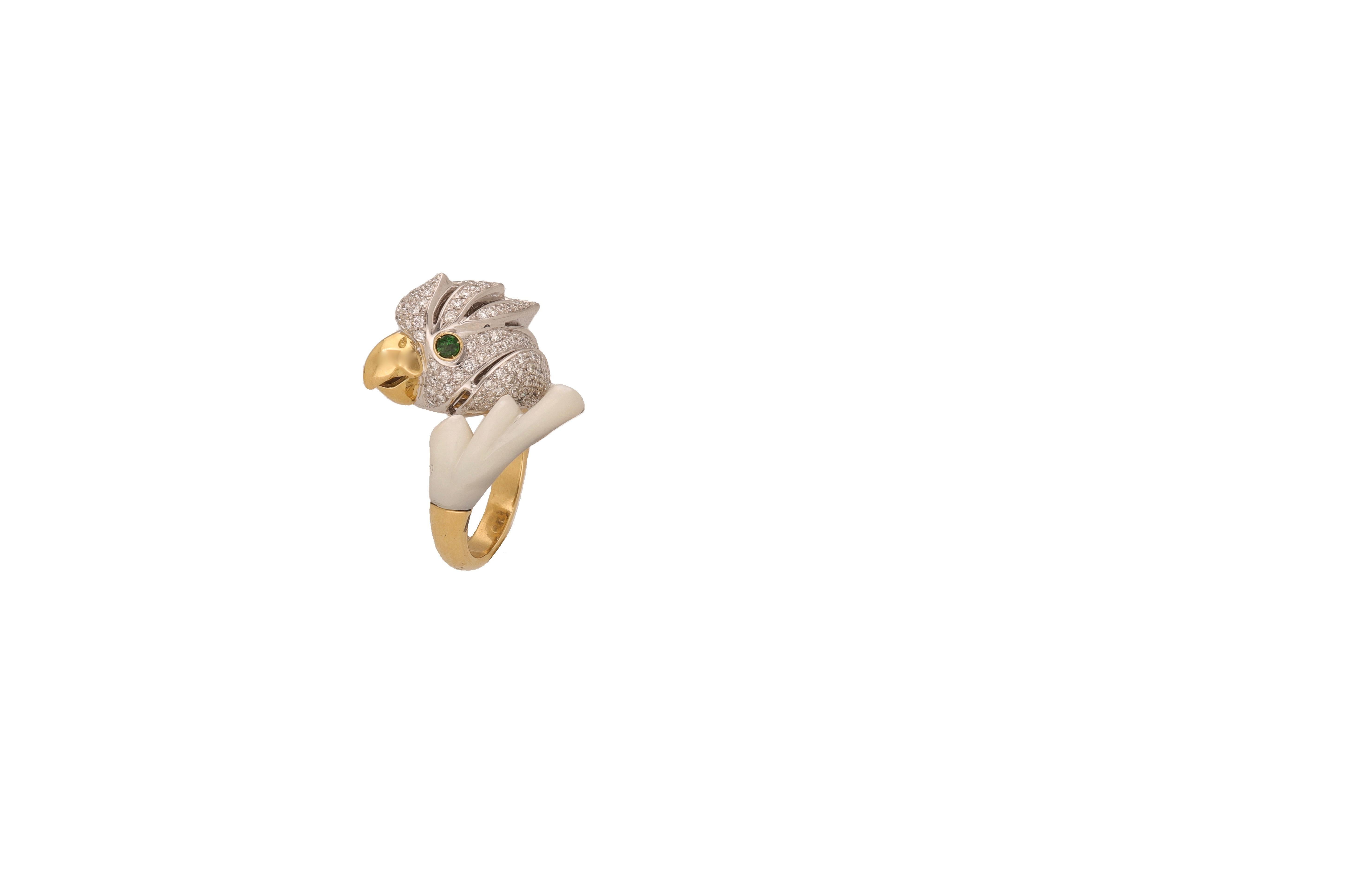 Modern 18 Karat Yellow and White Gold Diamond Mother of Pearl Parrot Cocktail Ring For Sale