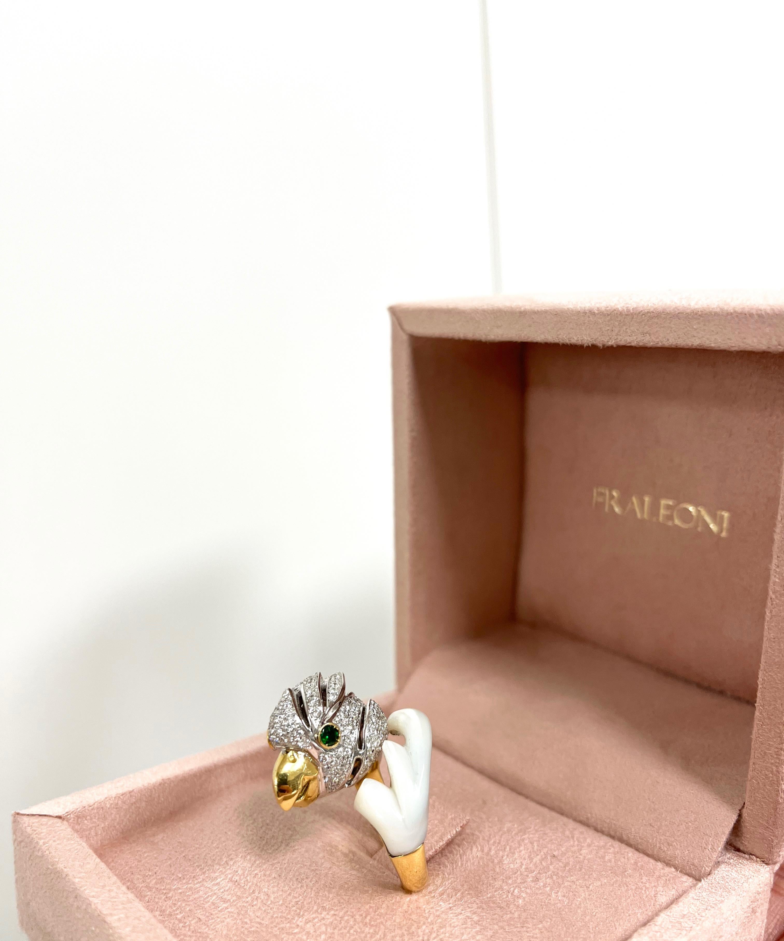 18 Karat Yellow and White Gold Diamond Mother of Pearl Parrot Cocktail Ring For Sale 1