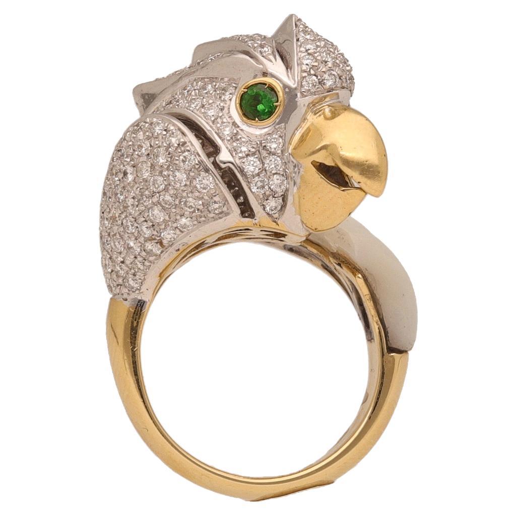 18 Karat Yellow and White Gold Diamond Mother of Pearl Parrot Cocktail Ring For Sale