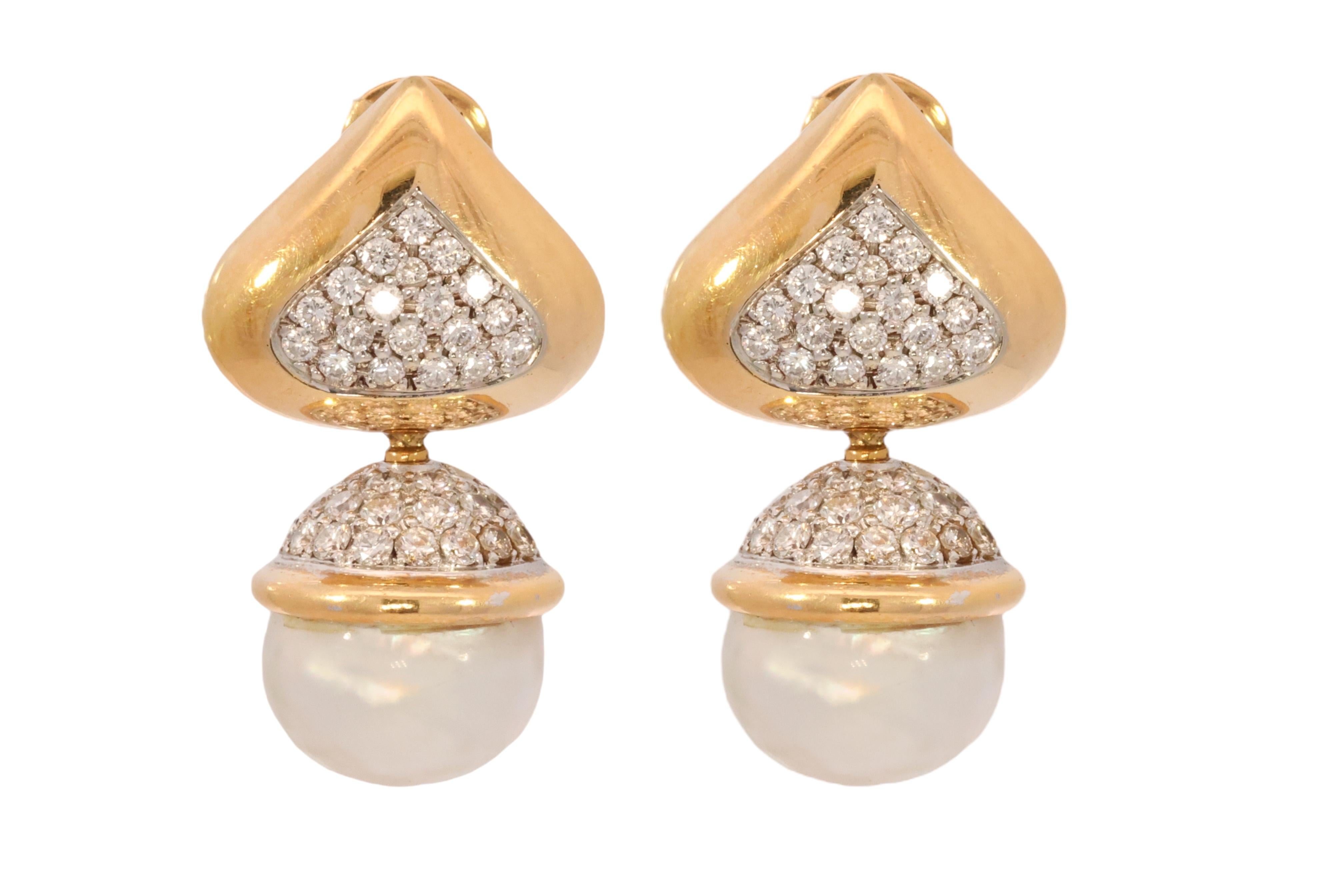 Modern 18 kt. Yellow and White Gold Earrings With Big Pearls and 2.4 ct. Diamonds  For Sale