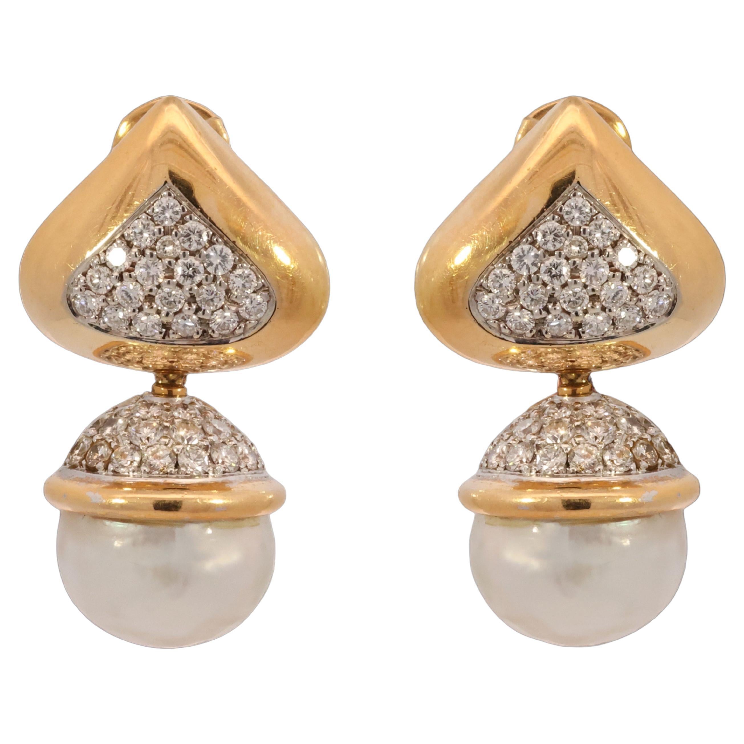 18 kt. Yellow and White Gold Earrings With Big Pearls and 2.4 ct. Diamonds  For Sale
