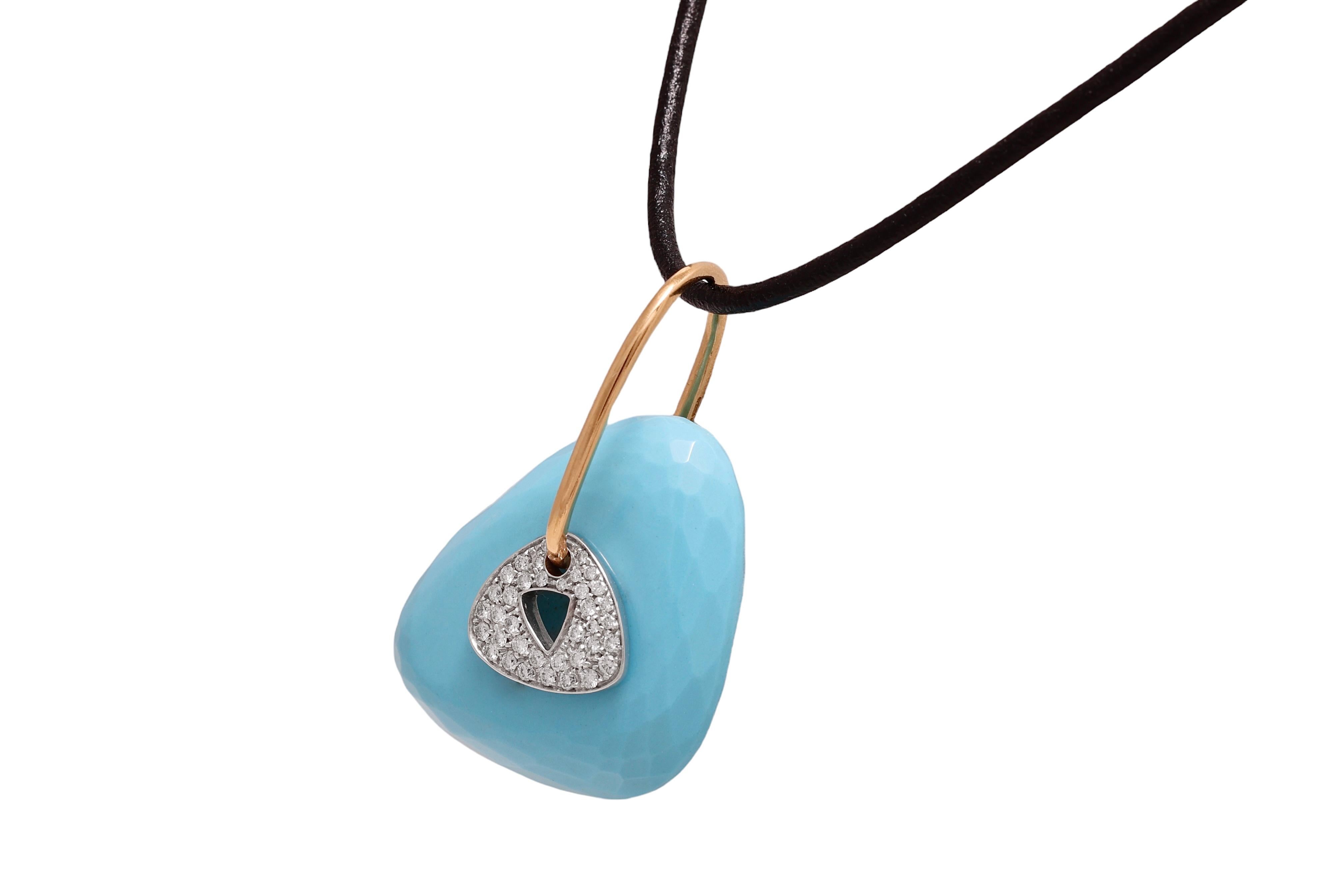 Women's or Men's 18 kt. Yellow and White Gold, Turquoise & Diamonds Mattioli Necklace / Pendant For Sale