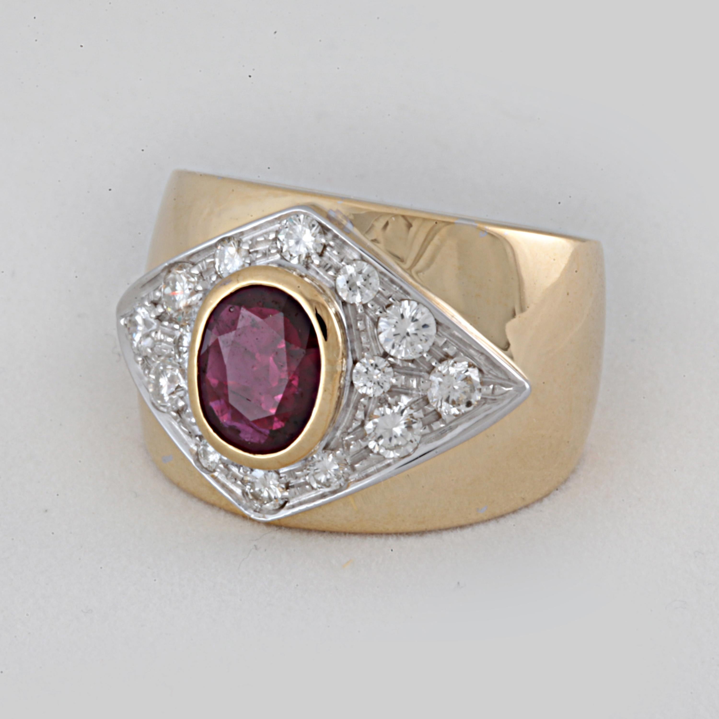 Get your engagement ring from romantic Italy and start the most wonderful journey!
An 18 Kt Yellow and White Gold Band Ring with:
- a 7x9 mm  Oval Faceted Natural Ruby of estimated weight of over 2.00 cts, Purplish Red and Transparent. The Ruby