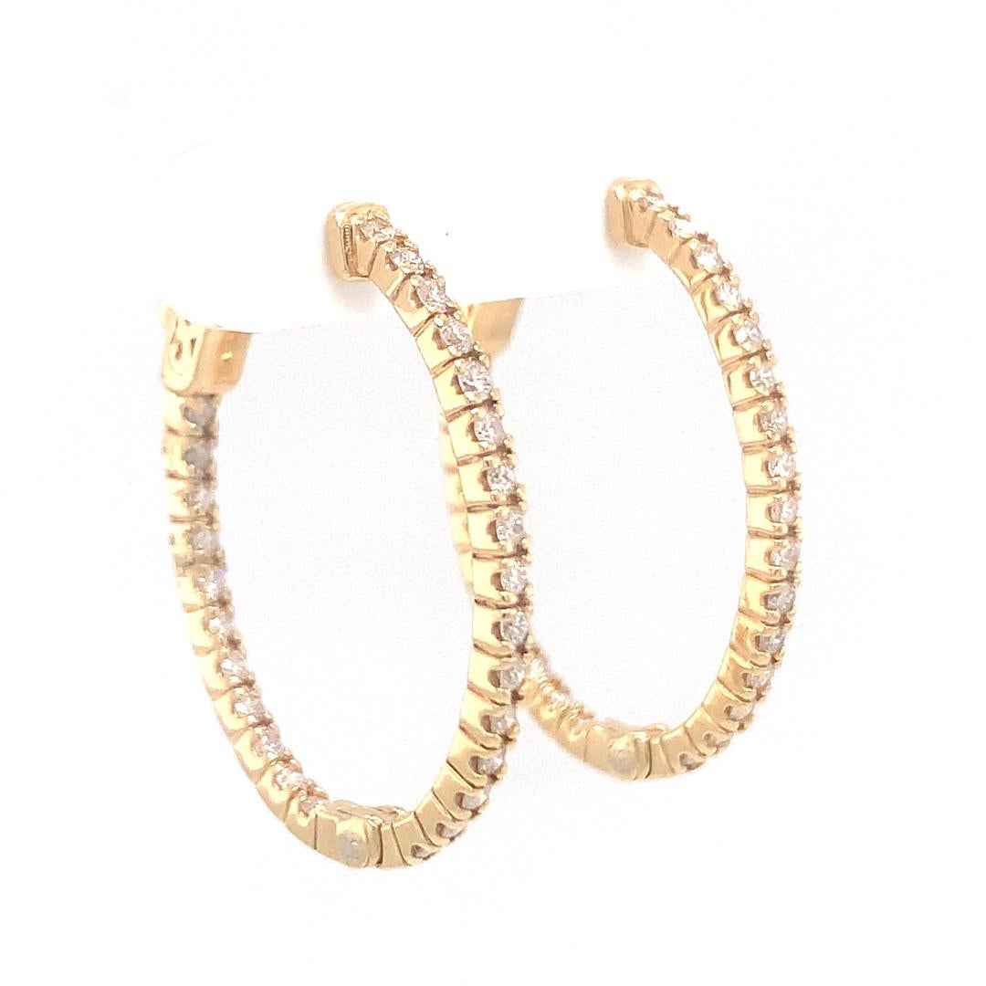 A beautiful pair of natural 1.20 carat diamond oval shaped Hoop earrings are set in 18-kt yellow gold. 

Diamonds are set inside and outside the hoop for amazing sparkle and great look. 