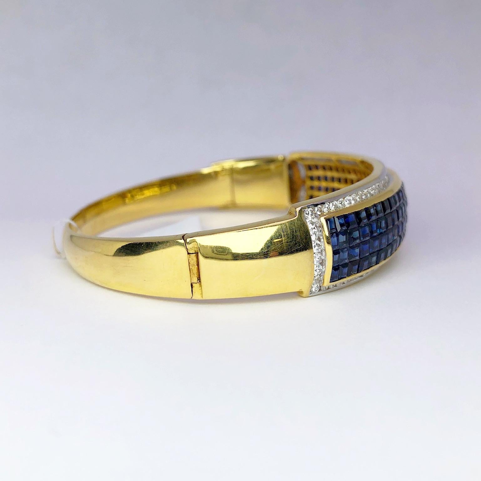 Square Cut 18 Karat Gold, 16.26 Carat Invisibly Set Sapphire and Diamond Bangle Bracelet For Sale