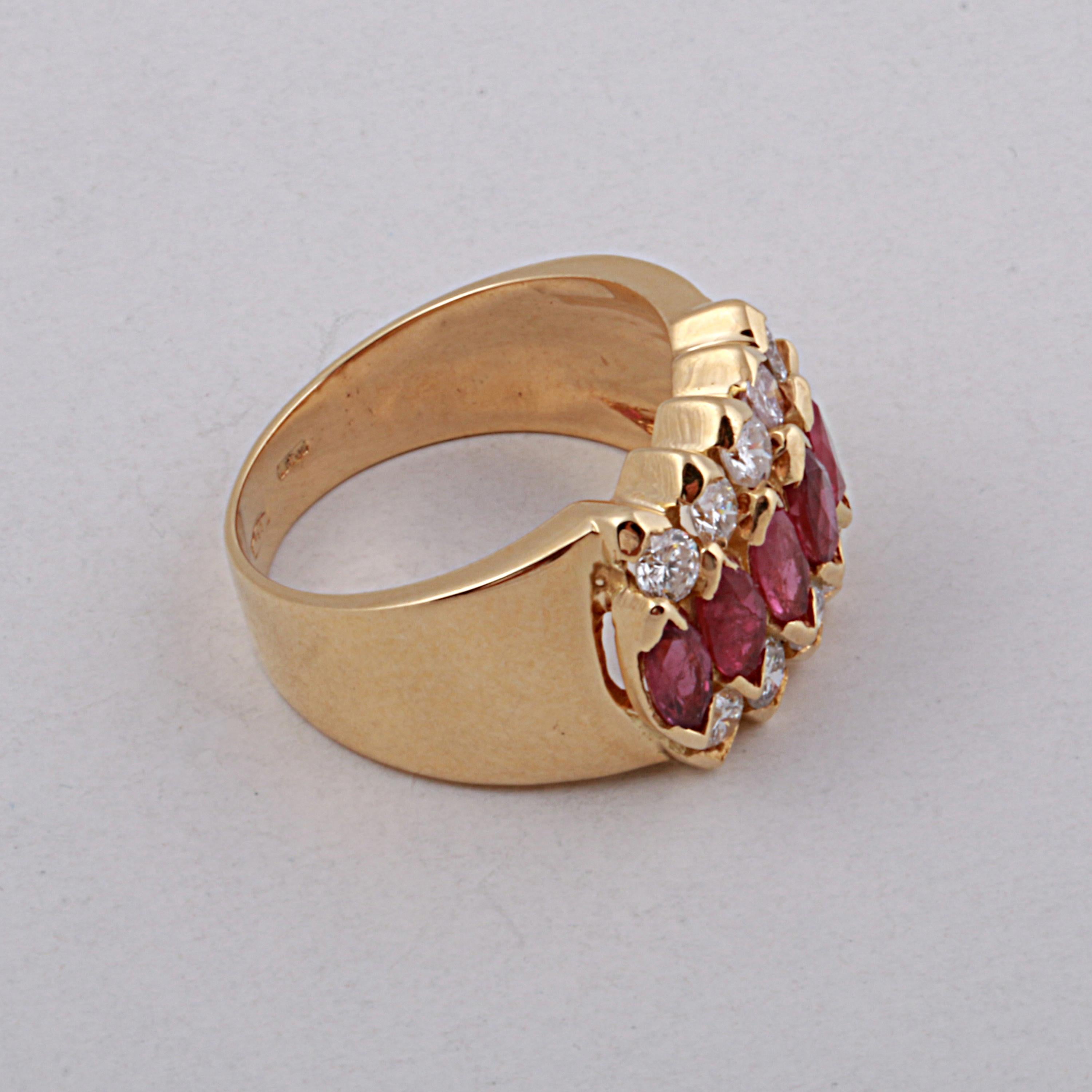 Marquise Cut 18 Kt Yellow Gold, 1.95 cts Marquise Rubies & Round Brilliant Diamonds Band Ring
