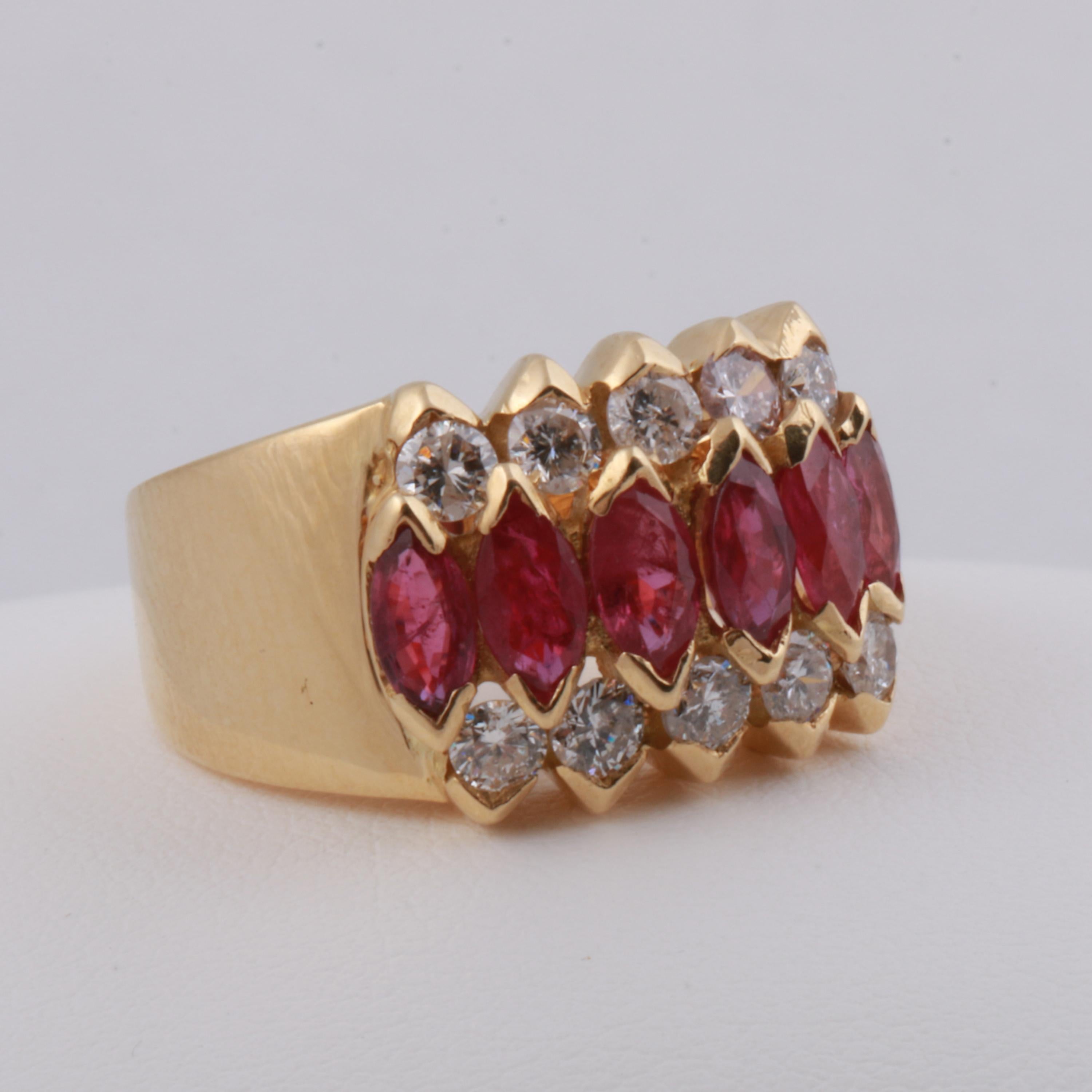 Women's 18 Kt Yellow Gold, 1.95 cts Marquise Rubies & Round Brilliant Diamonds Band Ring