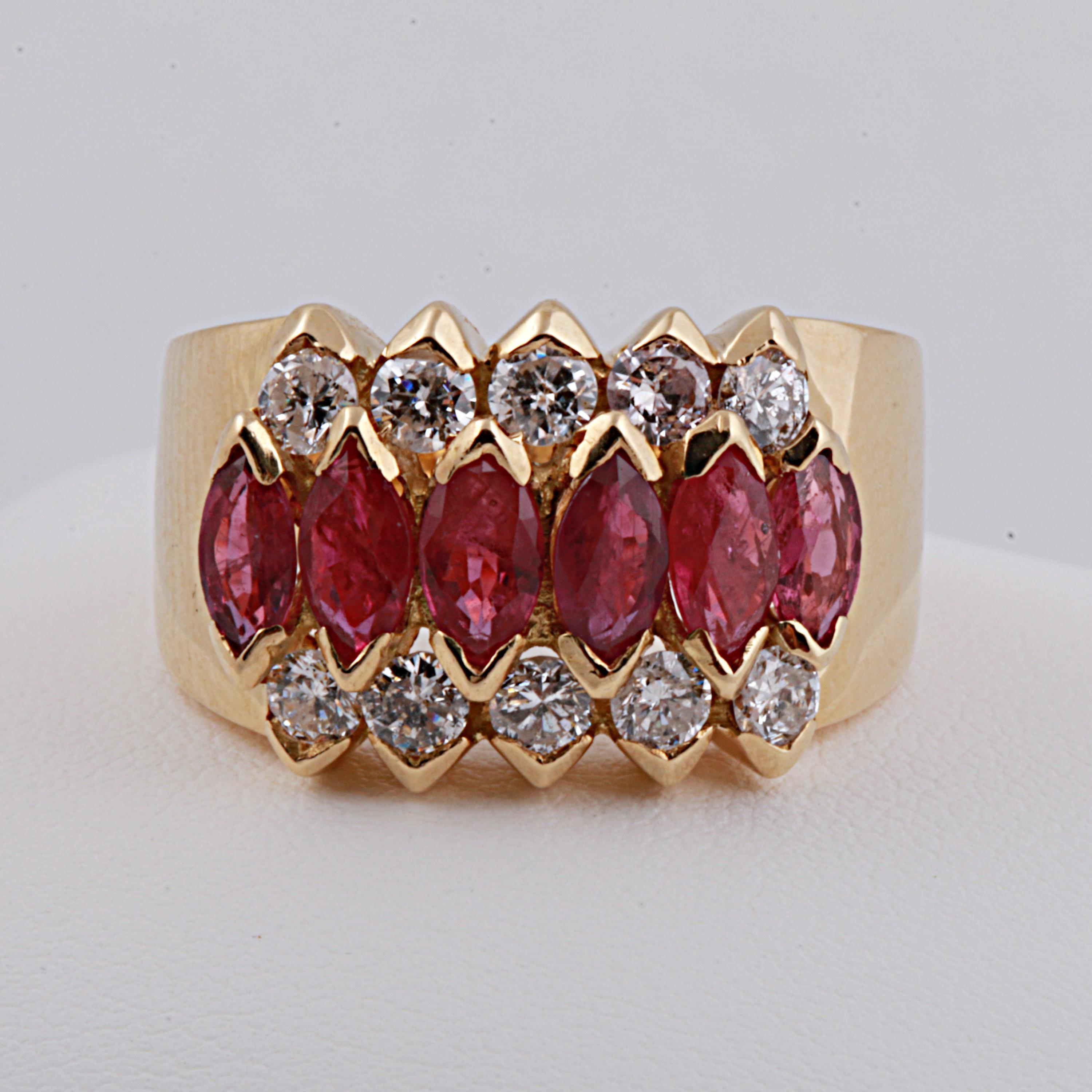 18 Kt Yellow Gold, 1.95 cts Marquise Rubies & Round Brilliant Diamonds Band Ring 1