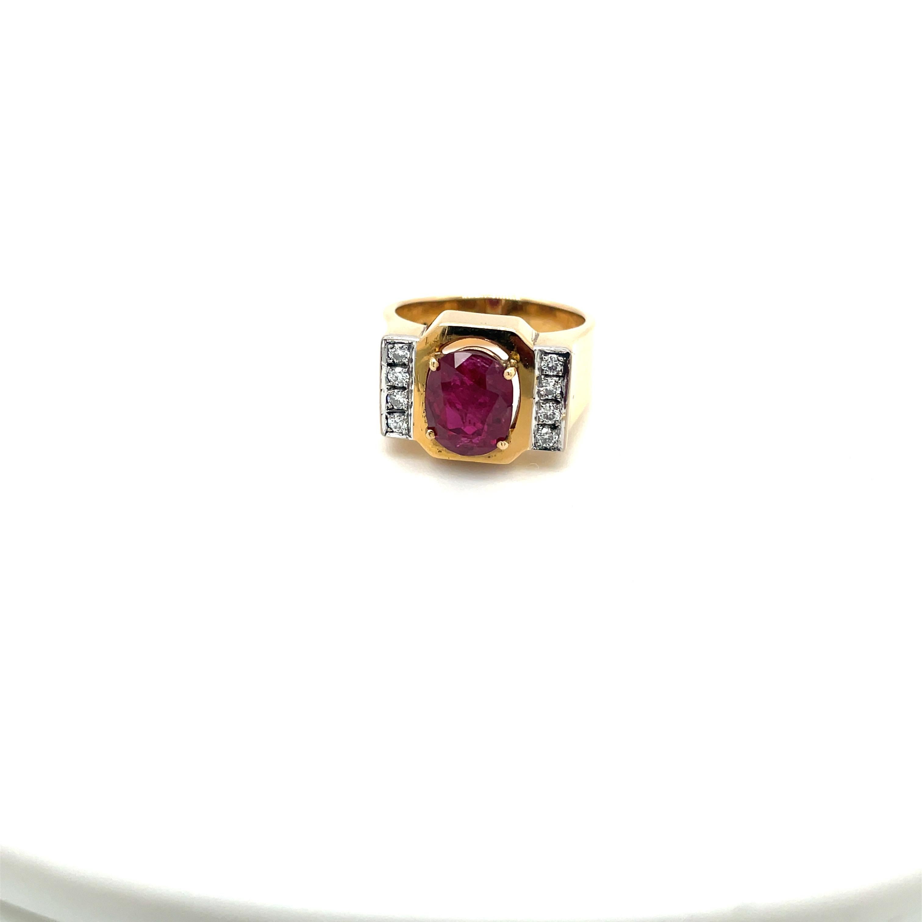 Oval Cut 18 KT Yellow Gold 2.35 Ct Ruby 0.15Ct Diamond Ring For Sale