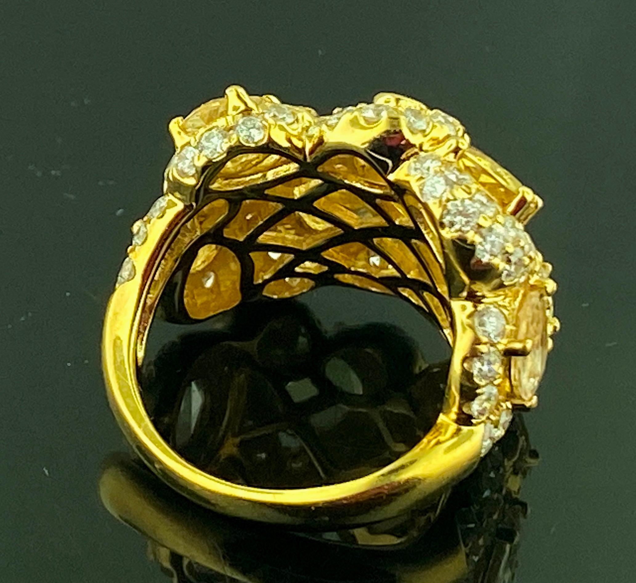 Oval Cut 18 KT Yellow Gold 7-Stone Yellow/Orange Sapphire & Diamond Ring For Sale