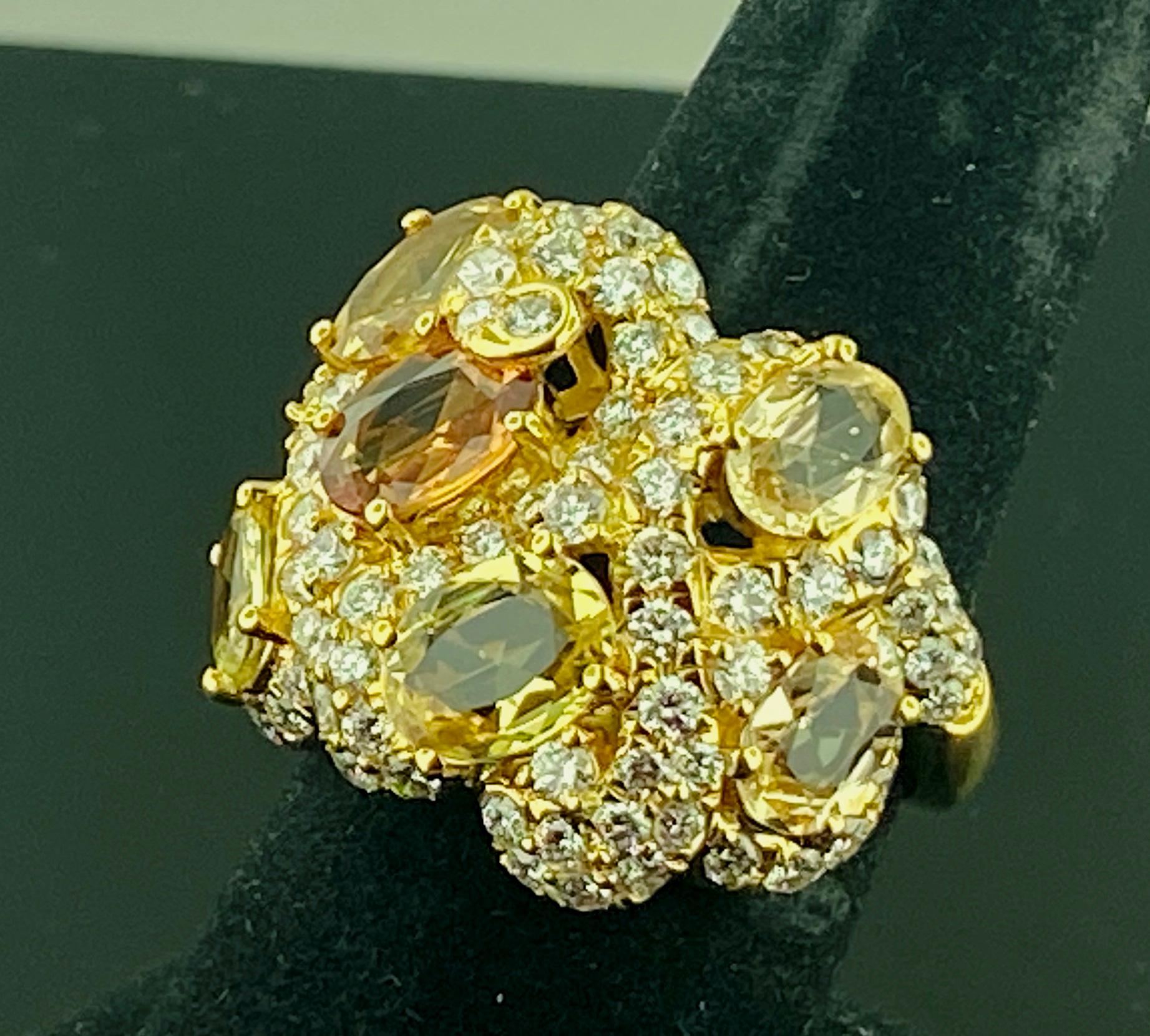 Women's or Men's 18 KT Yellow Gold 7-Stone Yellow/Orange Sapphire & Diamond Ring For Sale