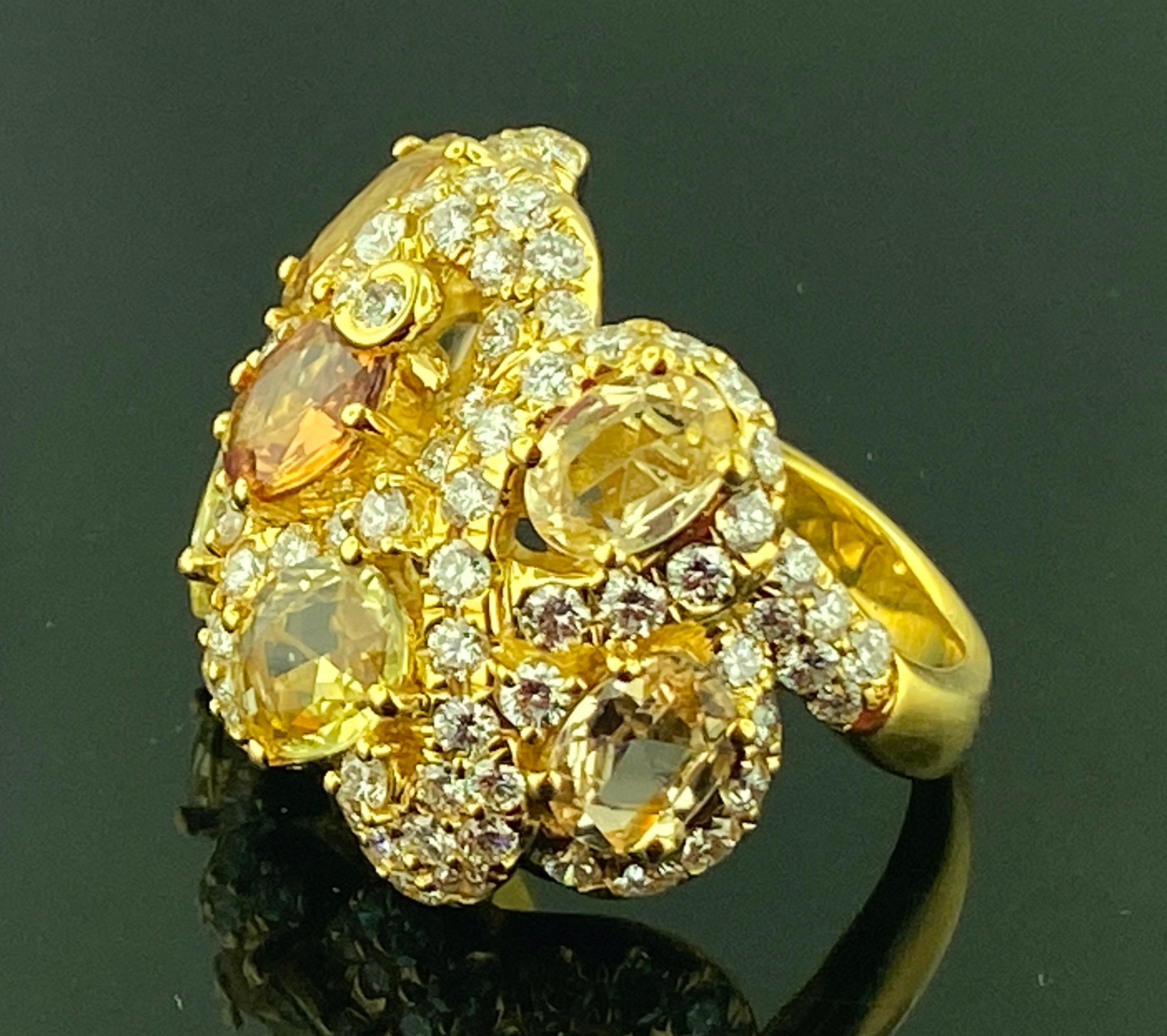 18 KT Yellow Gold 7-Stone Yellow/Orange Sapphire & Diamond Ring For Sale 1