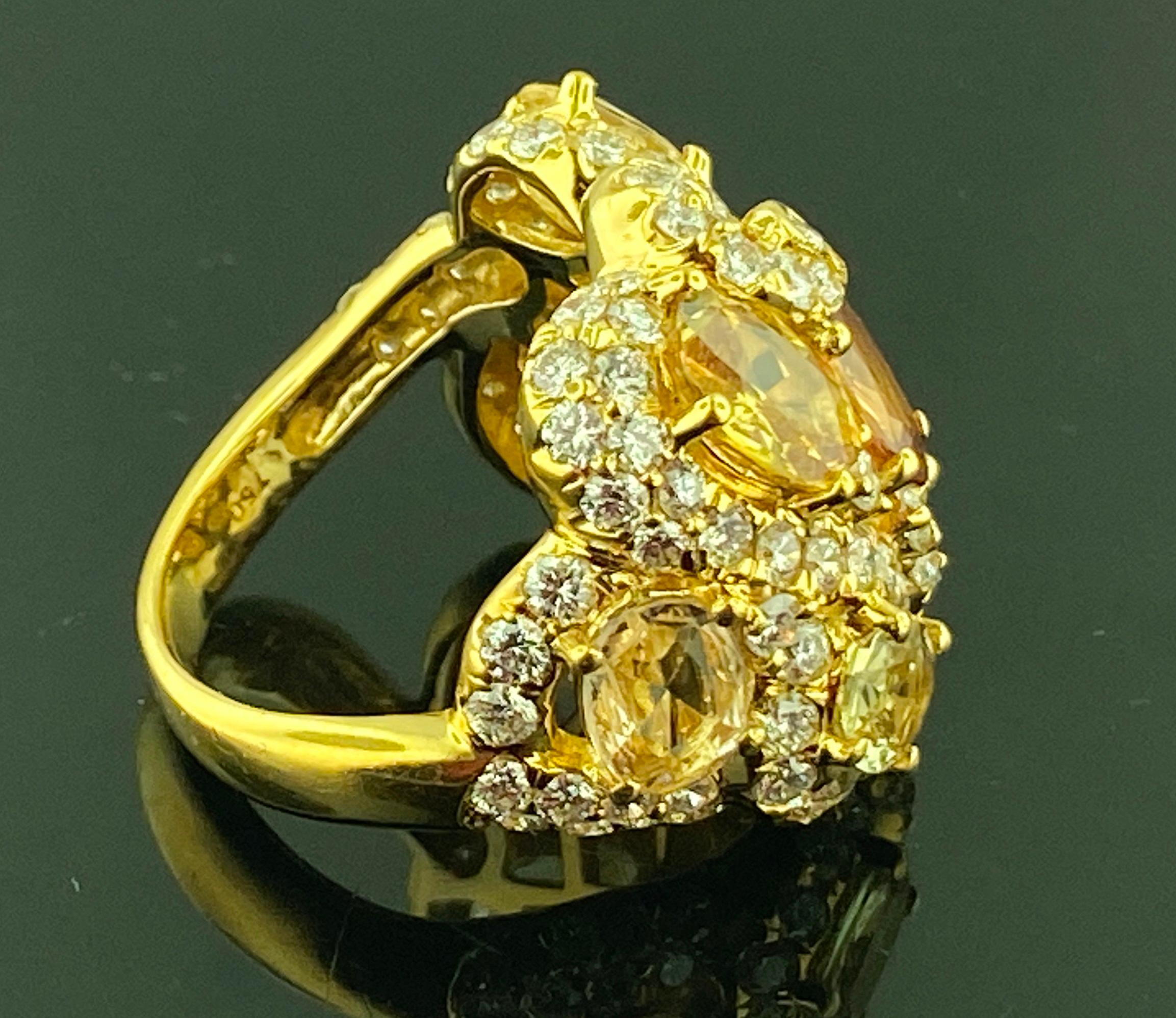 18 KT Yellow Gold 7-Stone Yellow/Orange Sapphire & Diamond Ring For Sale 2