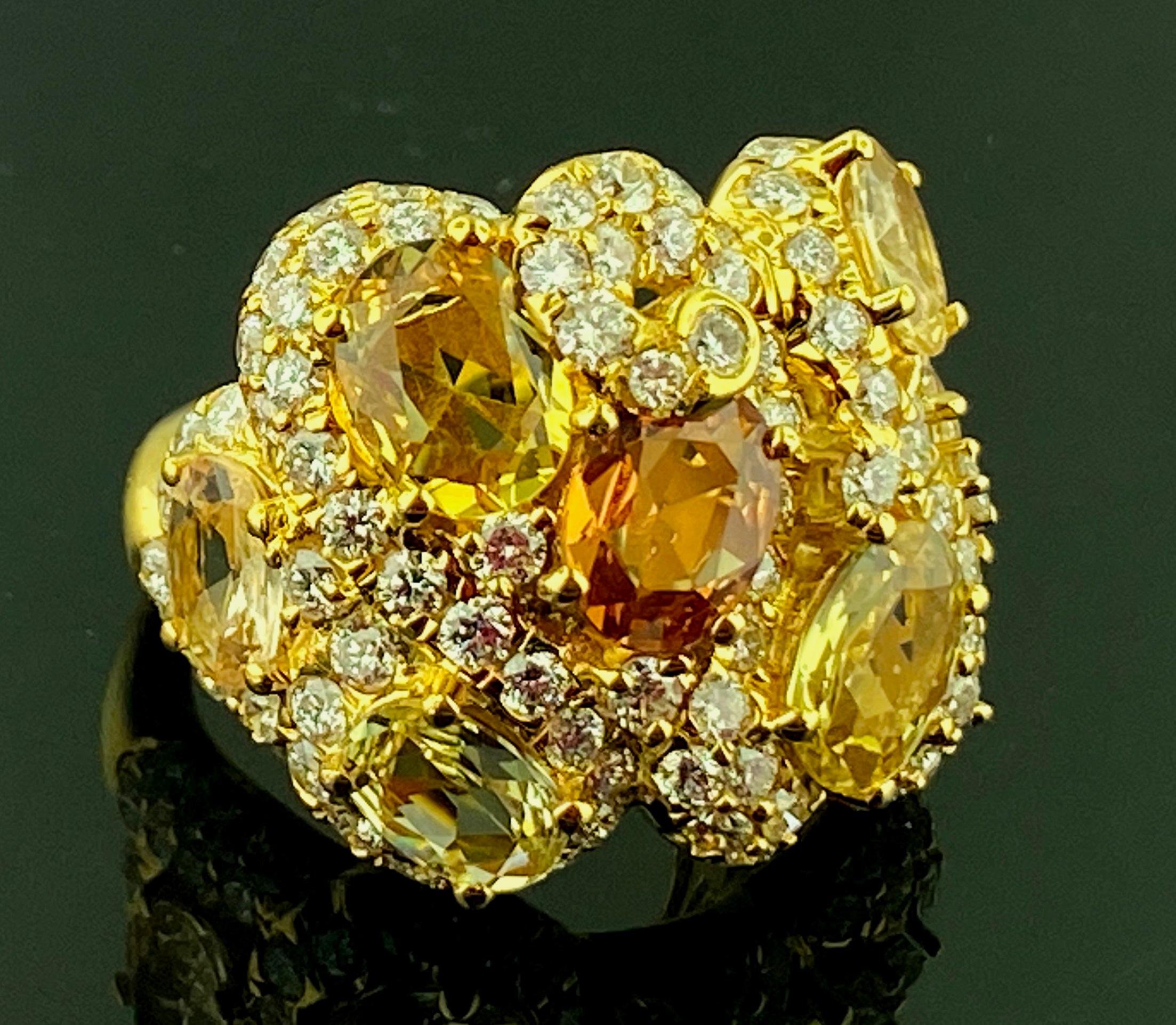 18 KT Yellow Gold 7-Stone Yellow/Orange Sapphire & Diamond Ring For Sale 3