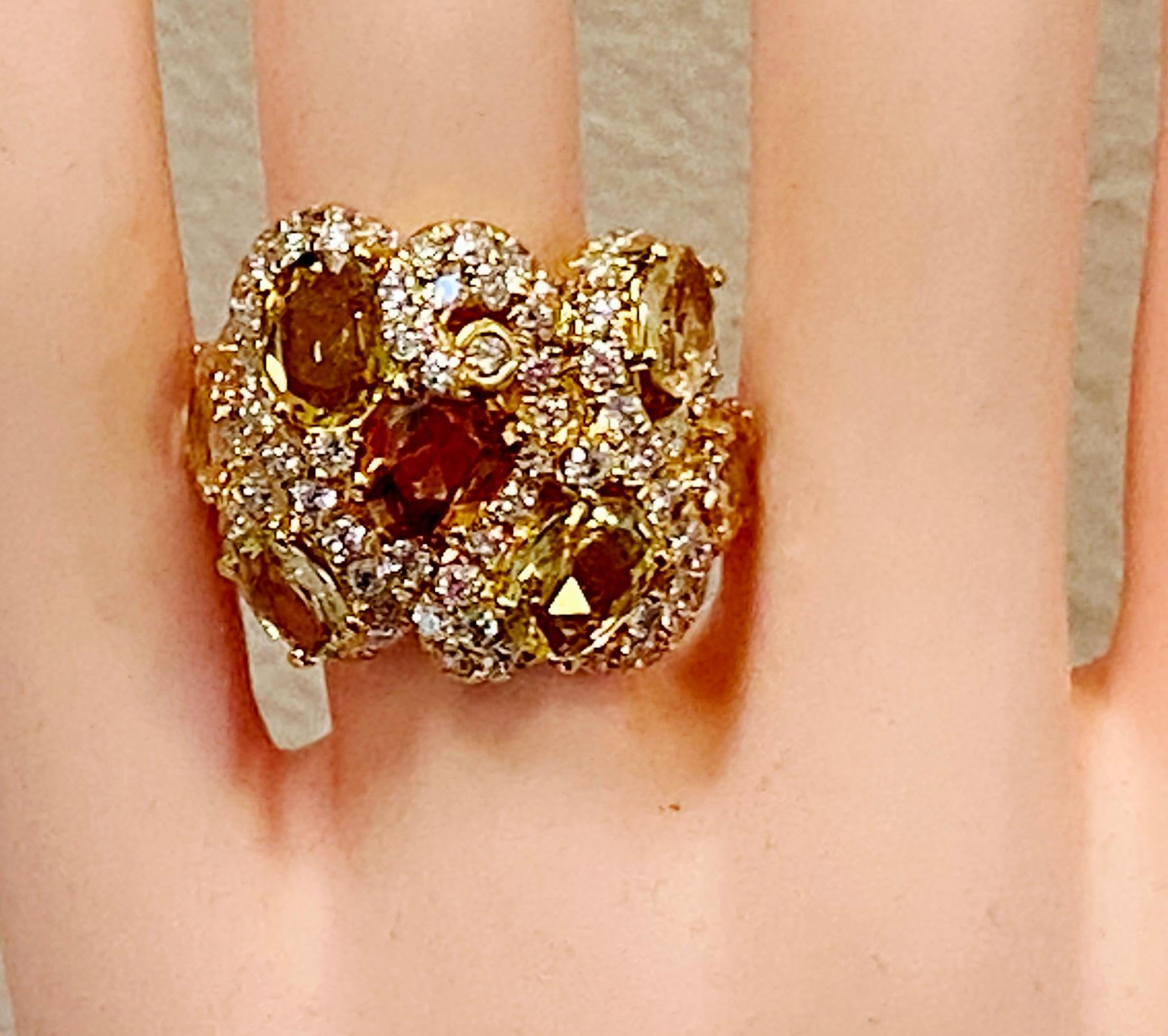 18 KT Yellow Gold 7-Stone Yellow/Orange Sapphire & Diamond Ring For Sale 4
