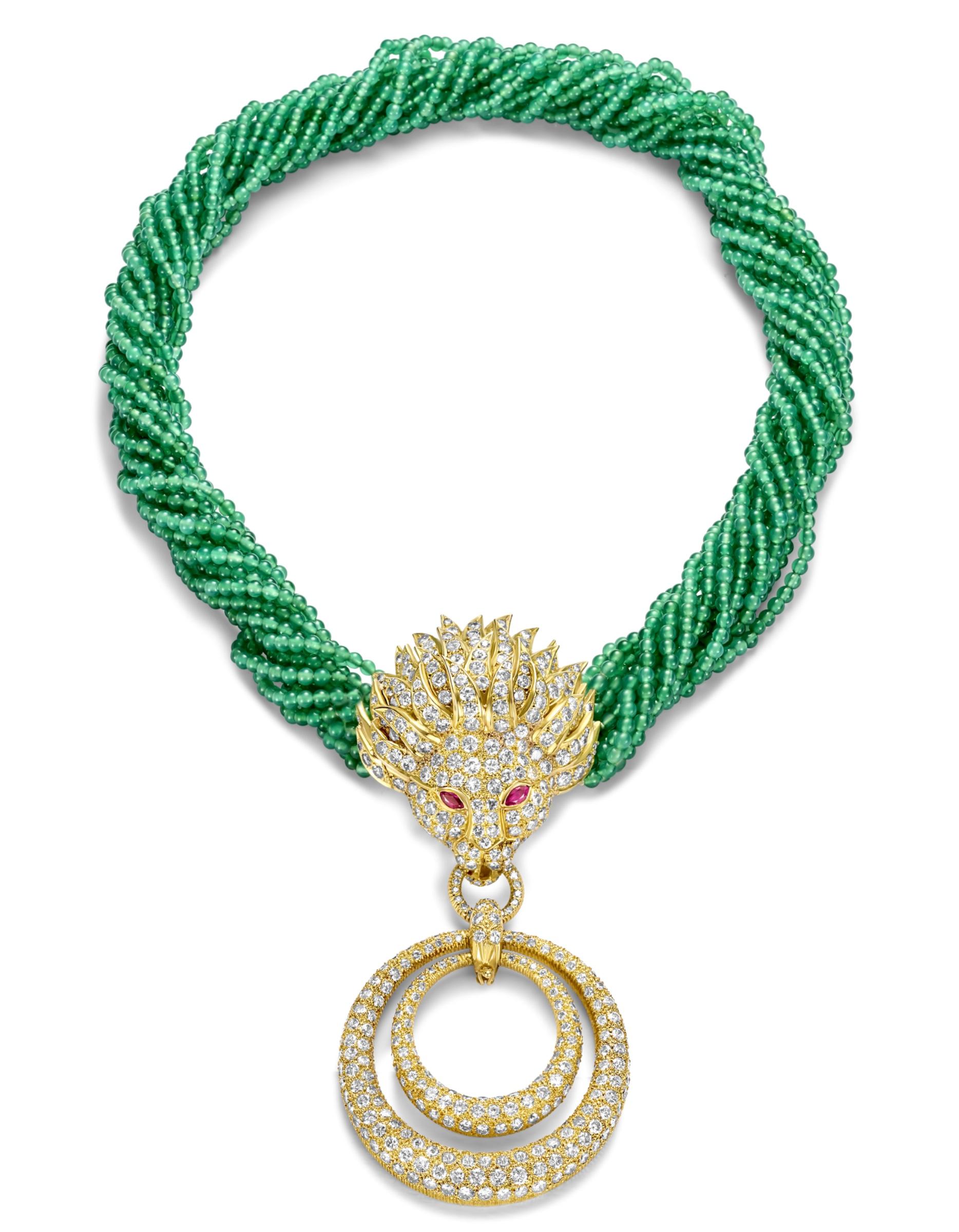 Amazing 18 kt. Yellow gold Adler Genève Necklace, Earrings, Bracelet, Ring Lion Set from Estate Sultan Of Oman Qaboos Bin Said

Necklace 
Diamonds: brilliant cut diamonds, together approx. 18.24 ct.
Emeralds:
Rubies: 2 marquise cut rubies
Material: