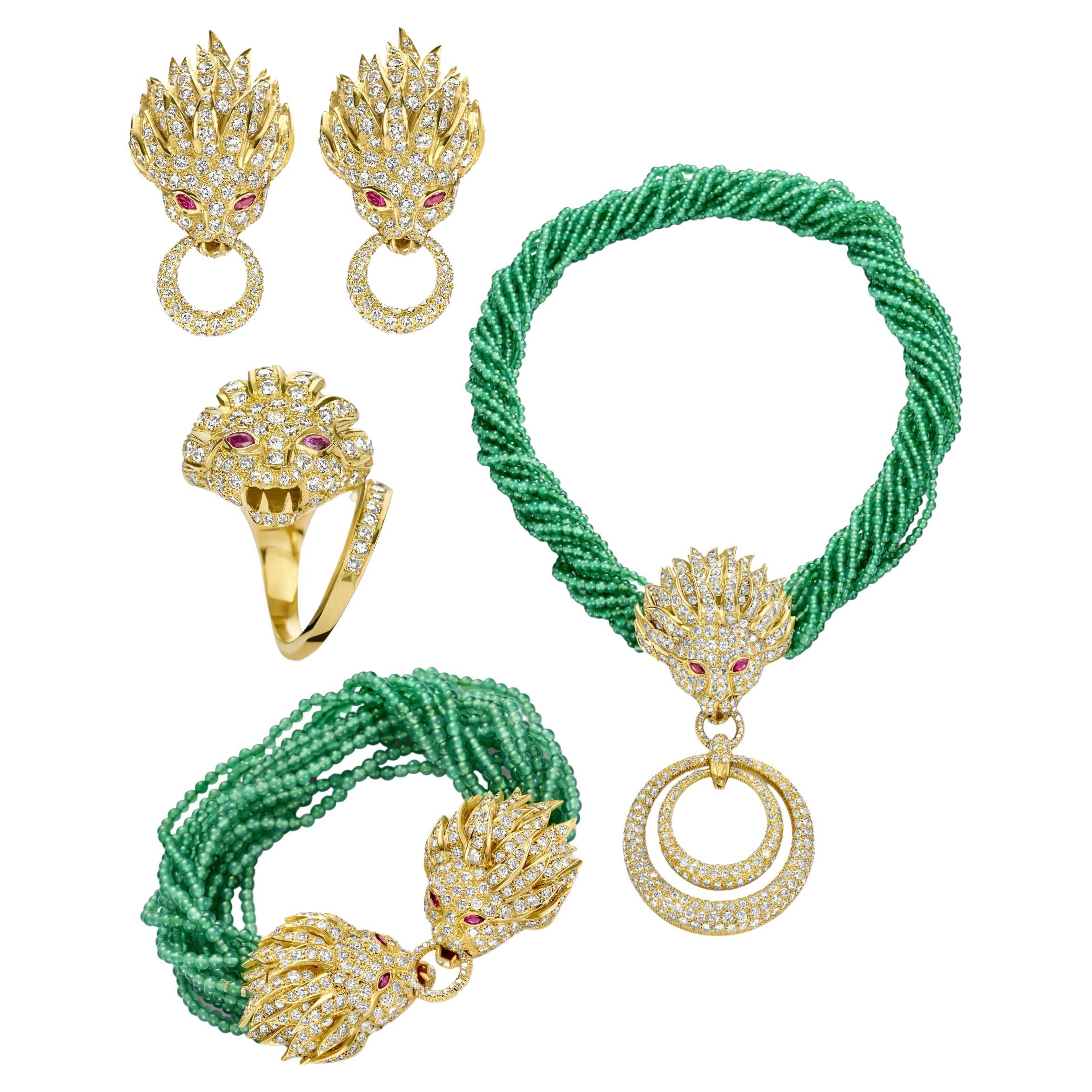 18 kt. Yellow gold Adler Genève Necklace, Earrings, Bracelet, Ring Lion Set For Sale