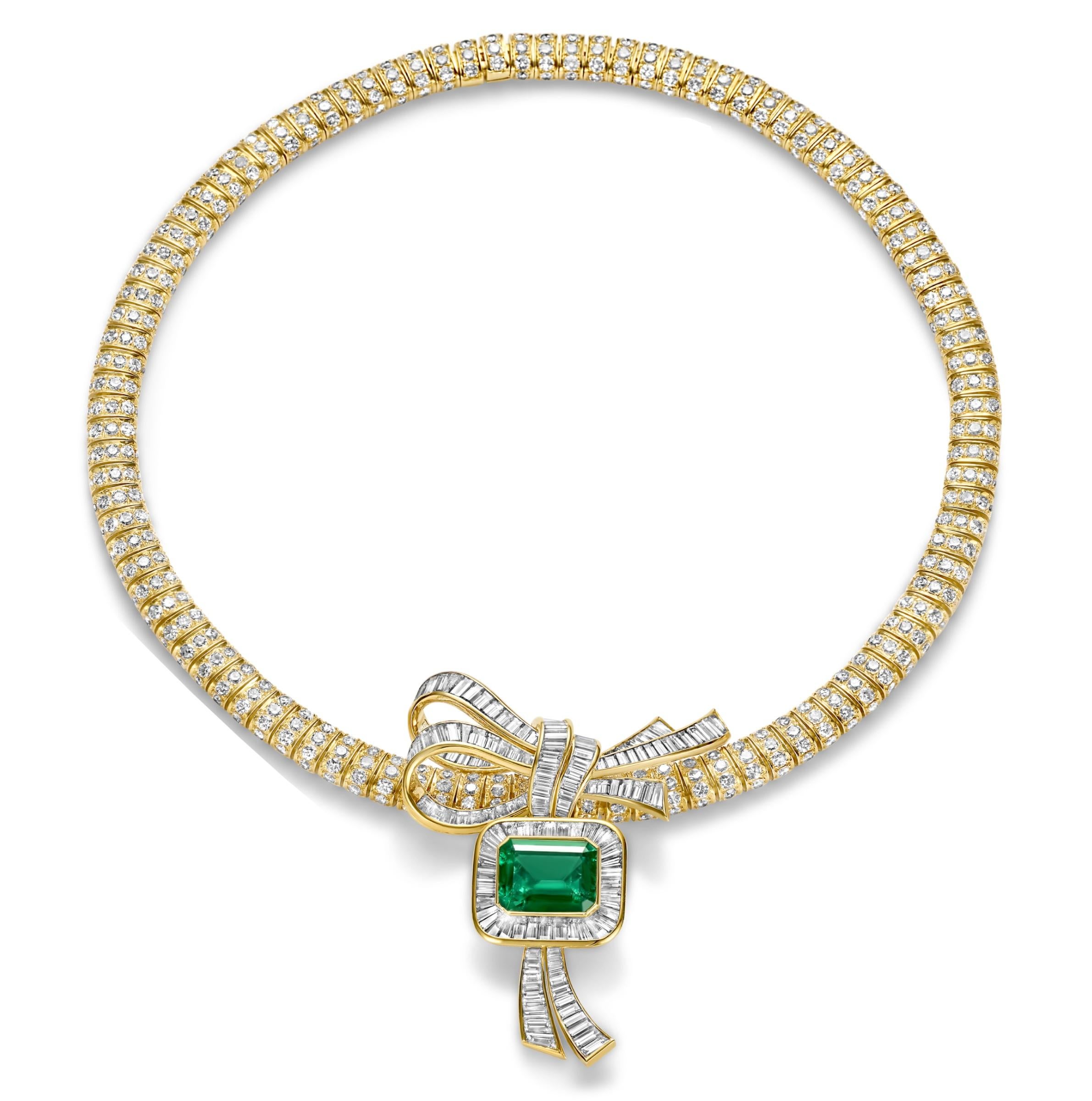 Magnificent 18 kt. Yellow Gold Adler Genève Set Necklace & Earrings With Emerald and Diamonds from Estate Sultan Of Oman Qaboos Bin Said.

Completely Hand made by Adler Genève, one of a kind !

Necklace can also be separated from pendant to be worn
