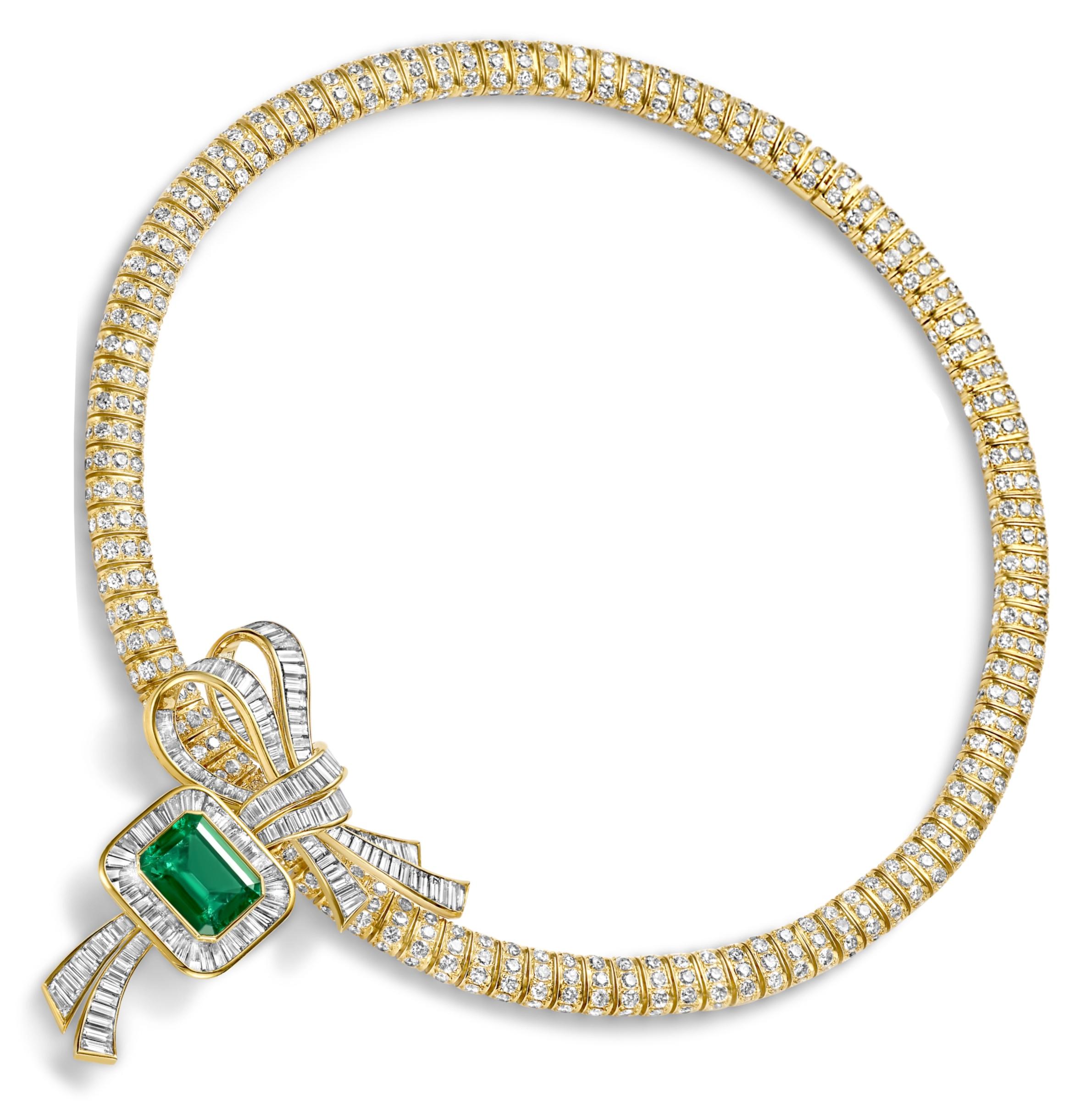 18 kt. Adler Genève Set Halskette und Ohrringe aus Gelbgold mit Smaragden und Diamanten (Kunsthandwerker*in) im Angebot