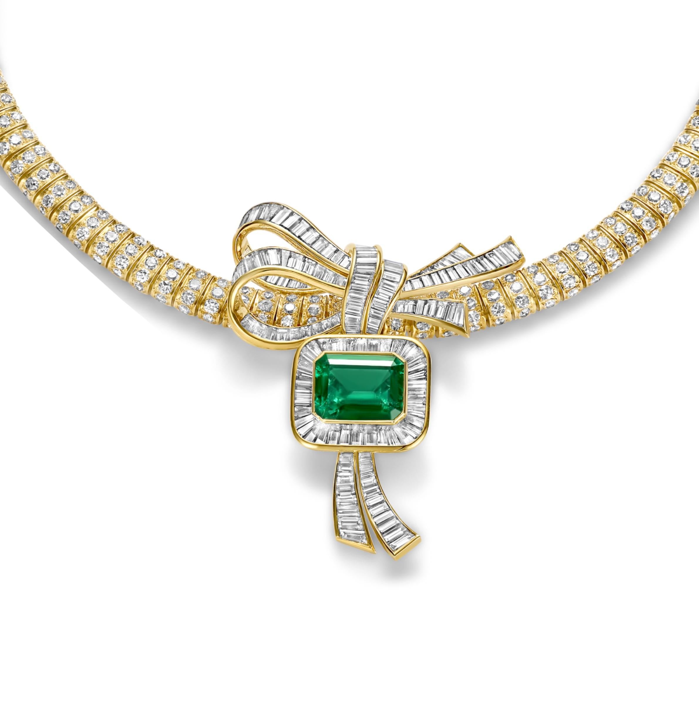 Octagon Cut 18 kt. Yellow Gold Adler Genève Set Necklace & Earrings With Emeralds & Diamonds For Sale