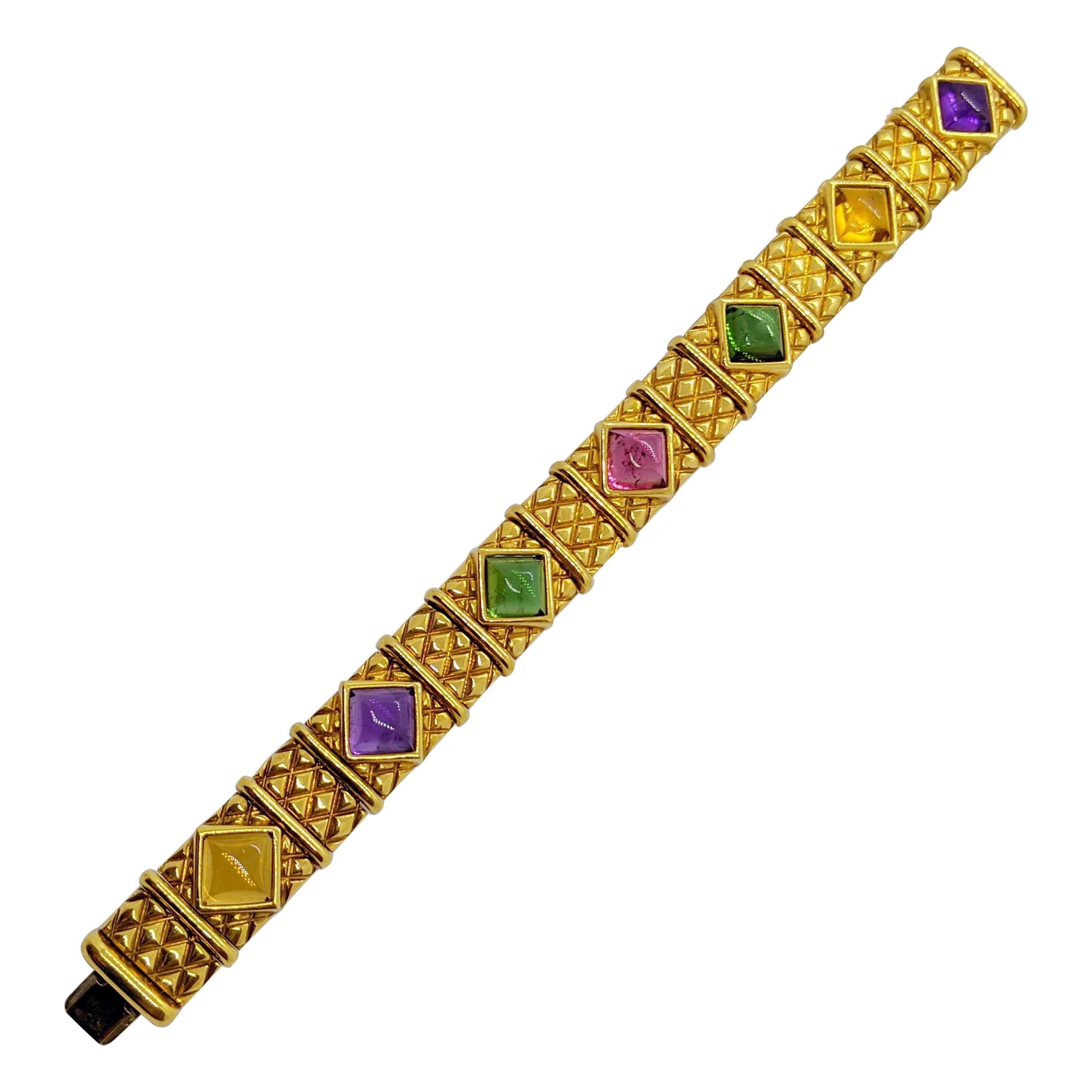 18 Karat Yellow Gold and Cabachon Semi Precious Stones Bracelet For Sale