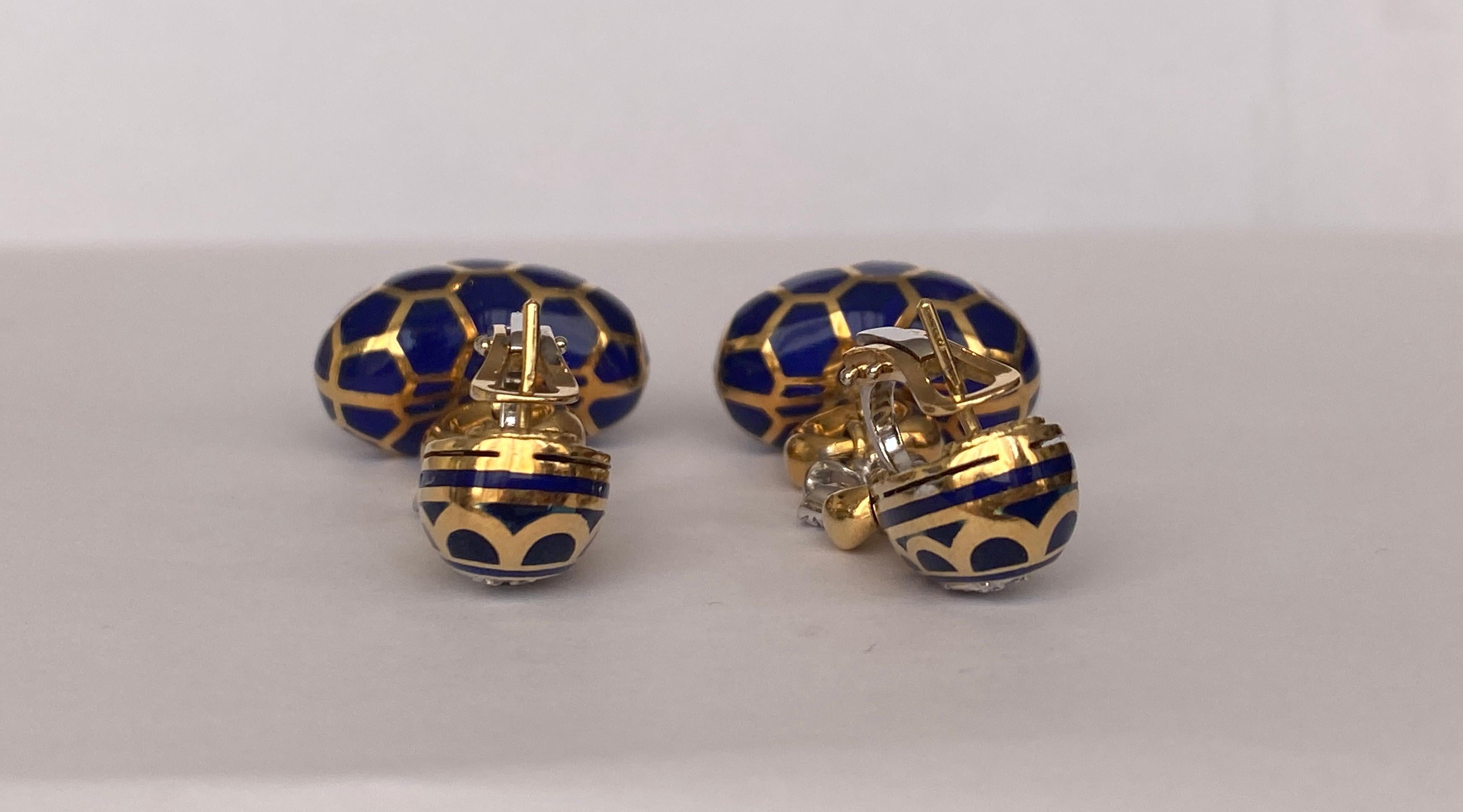 18 kt. Yellow gold and  enamel Earrings  with 1.40 ct Diamond For Sale 7