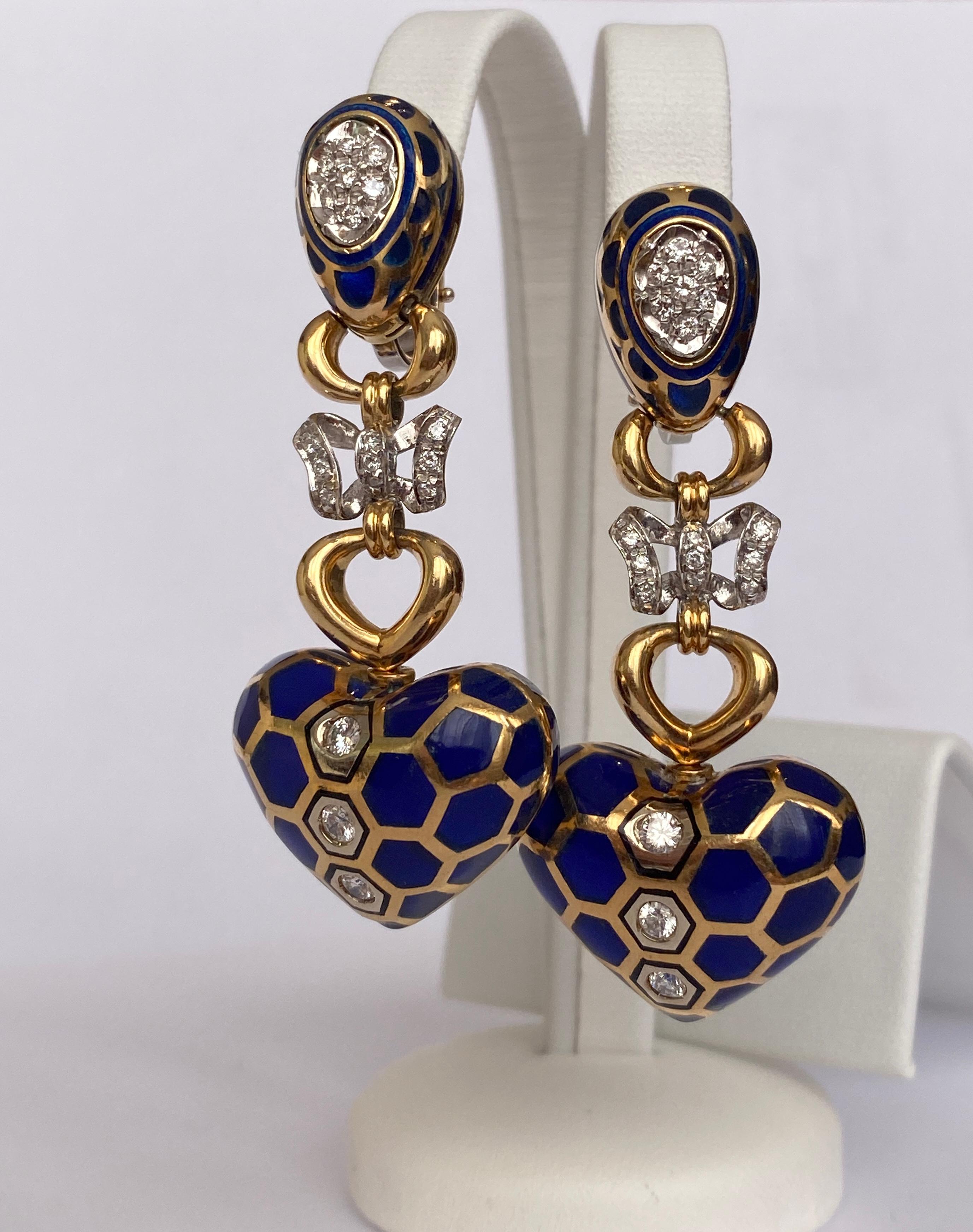 Brilliant Cut 18 kt. Yellow gold and  enamel Earrings  with 1.40 ct Diamond For Sale
