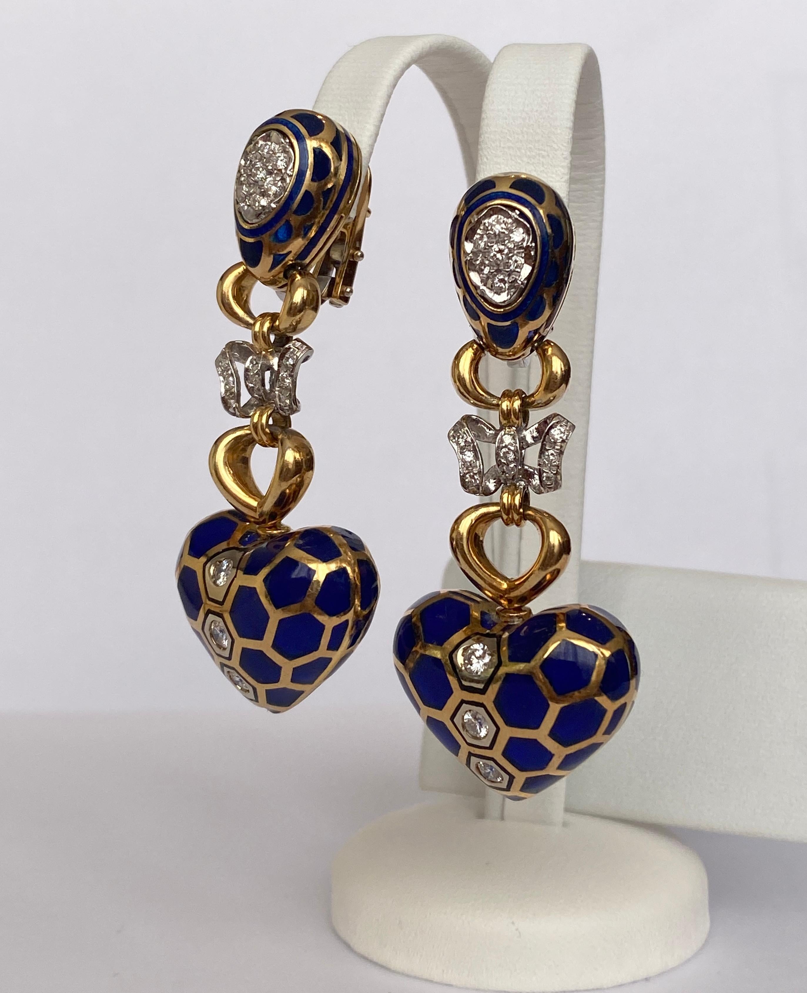 Women's 18 kt. Yellow gold and  enamel Earrings  with 1.40 ct Diamond For Sale